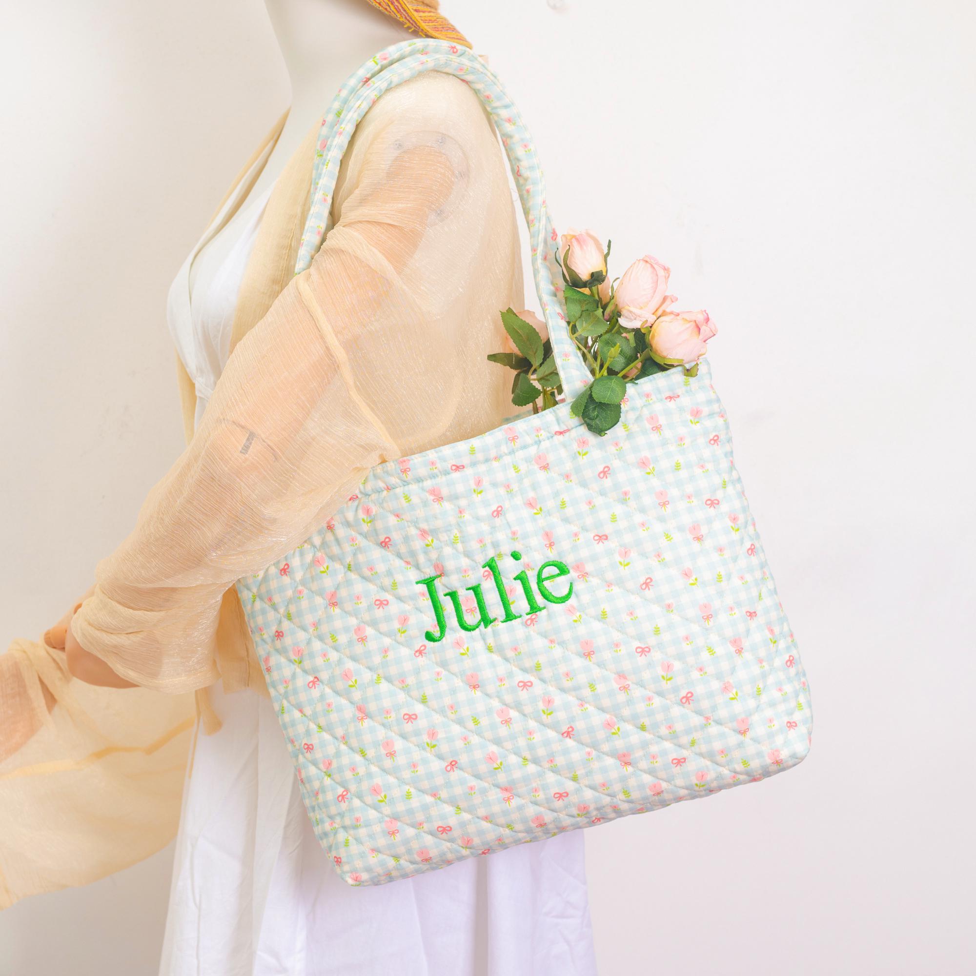 Personalized Quilted Soft  Floral Tote Bag-Embroidered Name