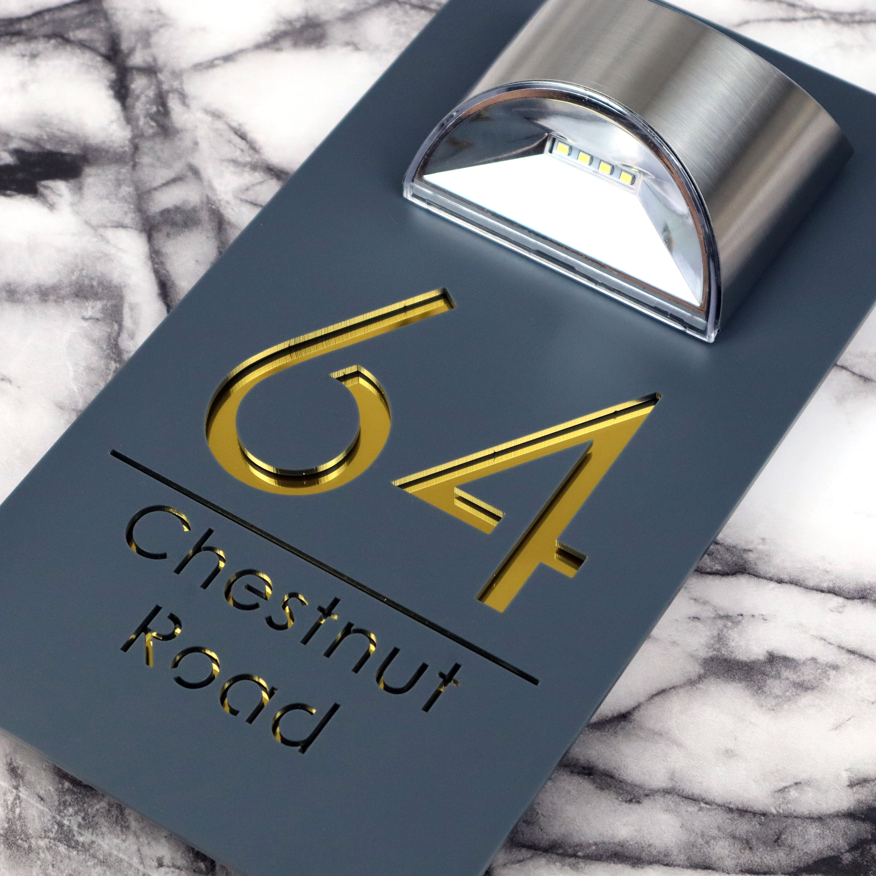 Modern Grey Mirror house sign with solar light laser acrylic Marble Property Number Door Signs Plaque LED Lit Numbers
