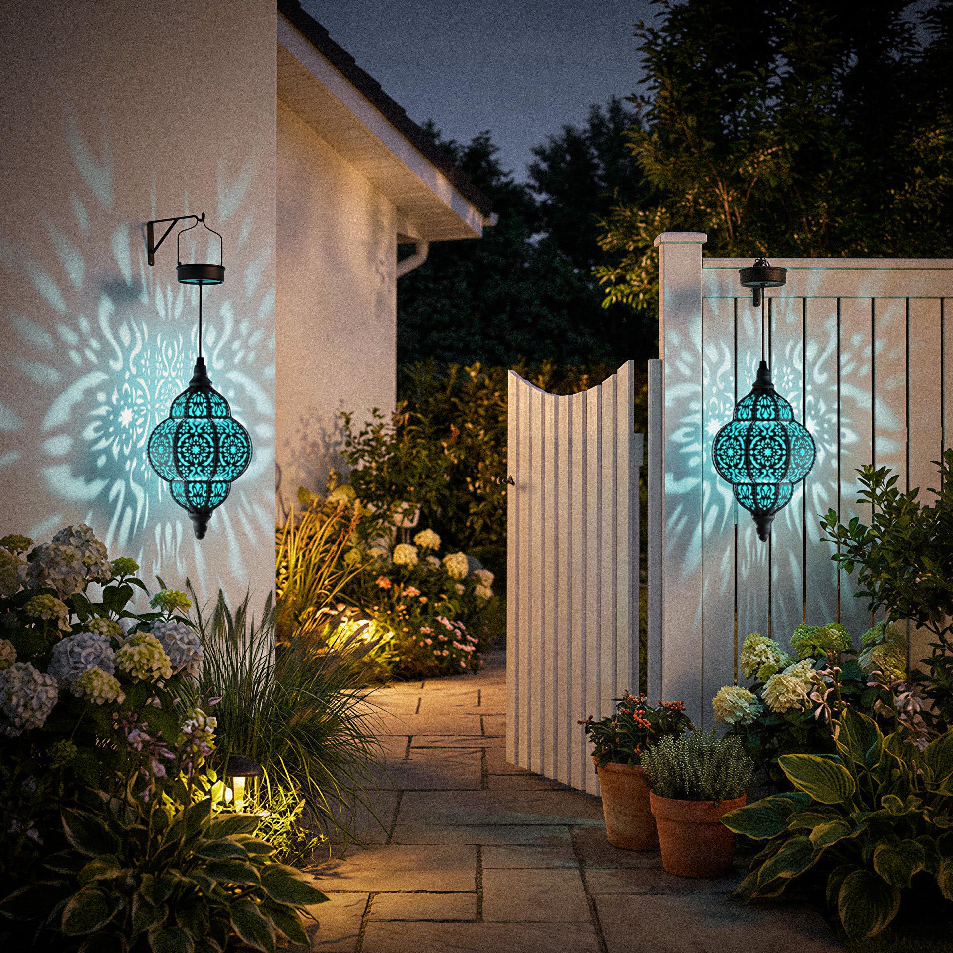 Hanging Solar Lantern for Outdoor Garden Decoration, Moroccan Style Blue Waterproof Plastic Solar Light
