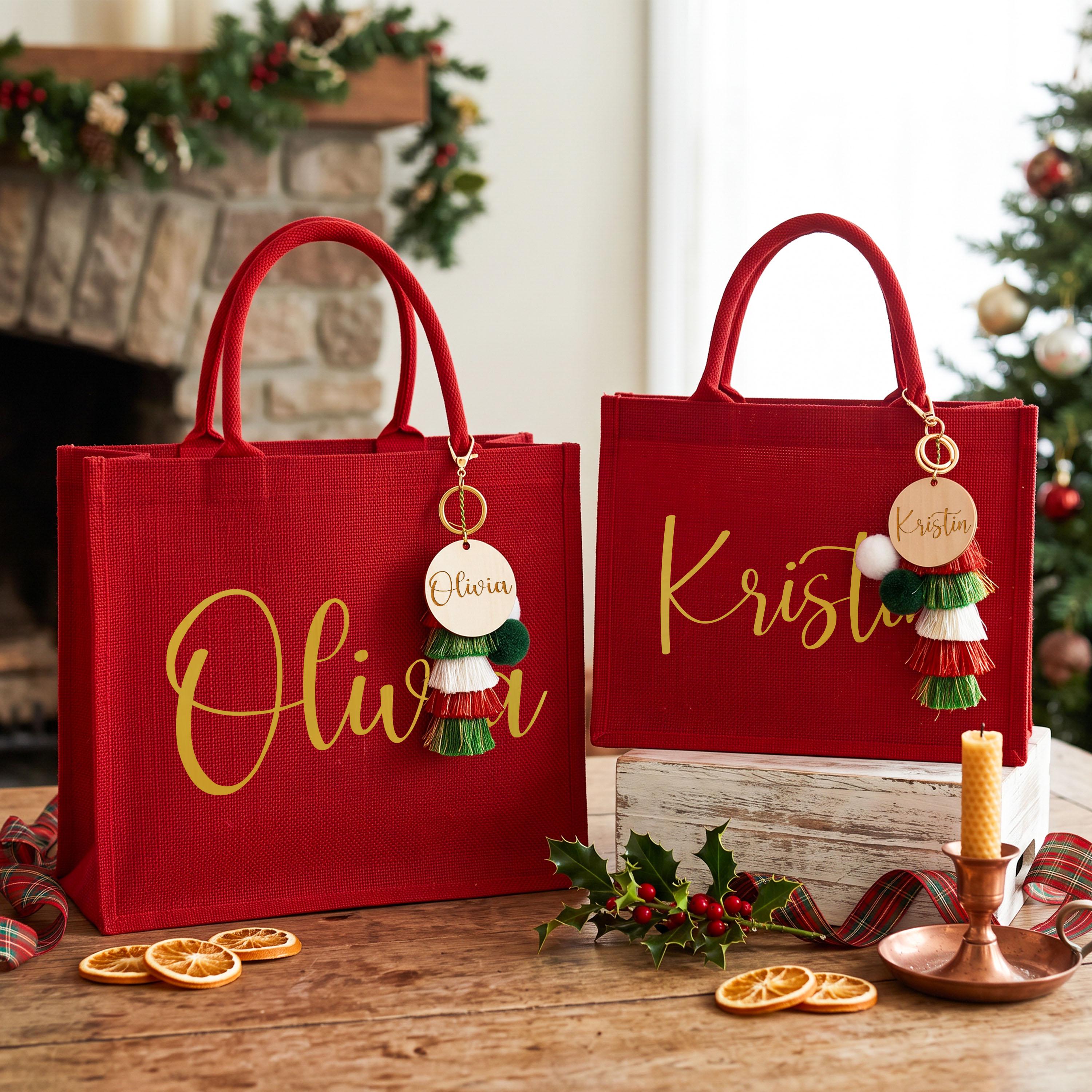 Personalized Christmas Burlap Tote Bag& Charm-Printed Name