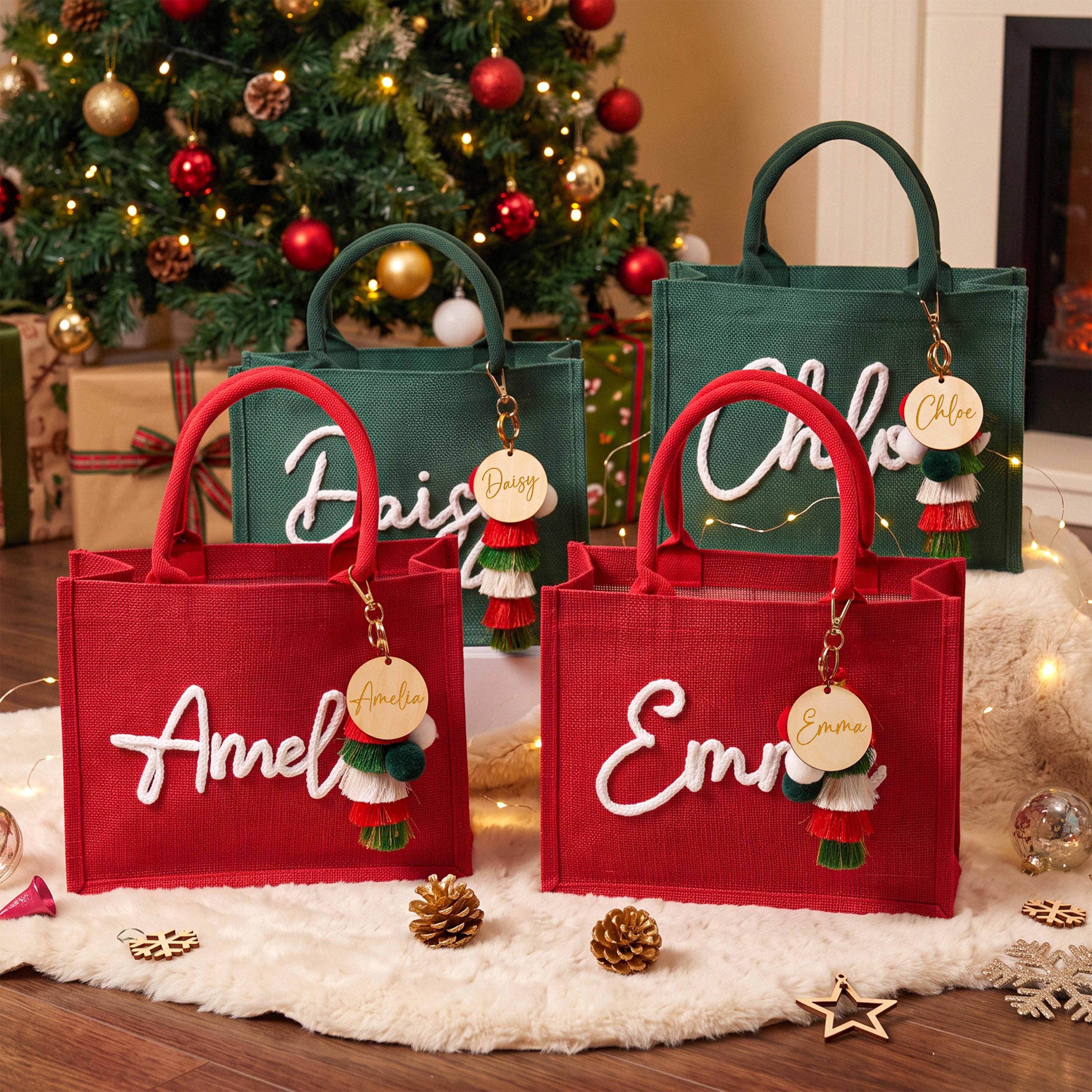 Personalized Christmas Burlap Tote Bag – Yarn-Stitched Name
