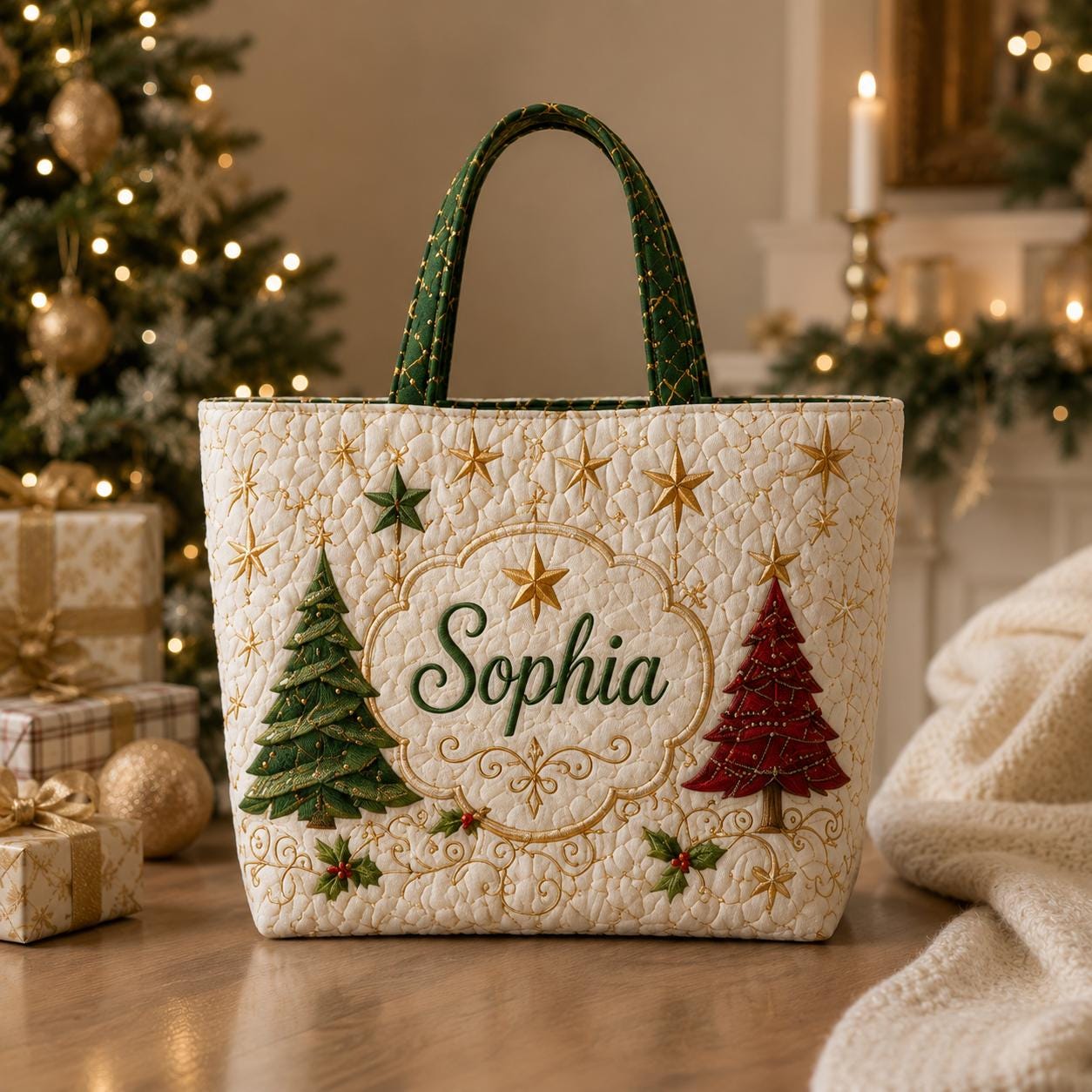 Personalized Designer Quilted Christmas Tote– Embroidered Name