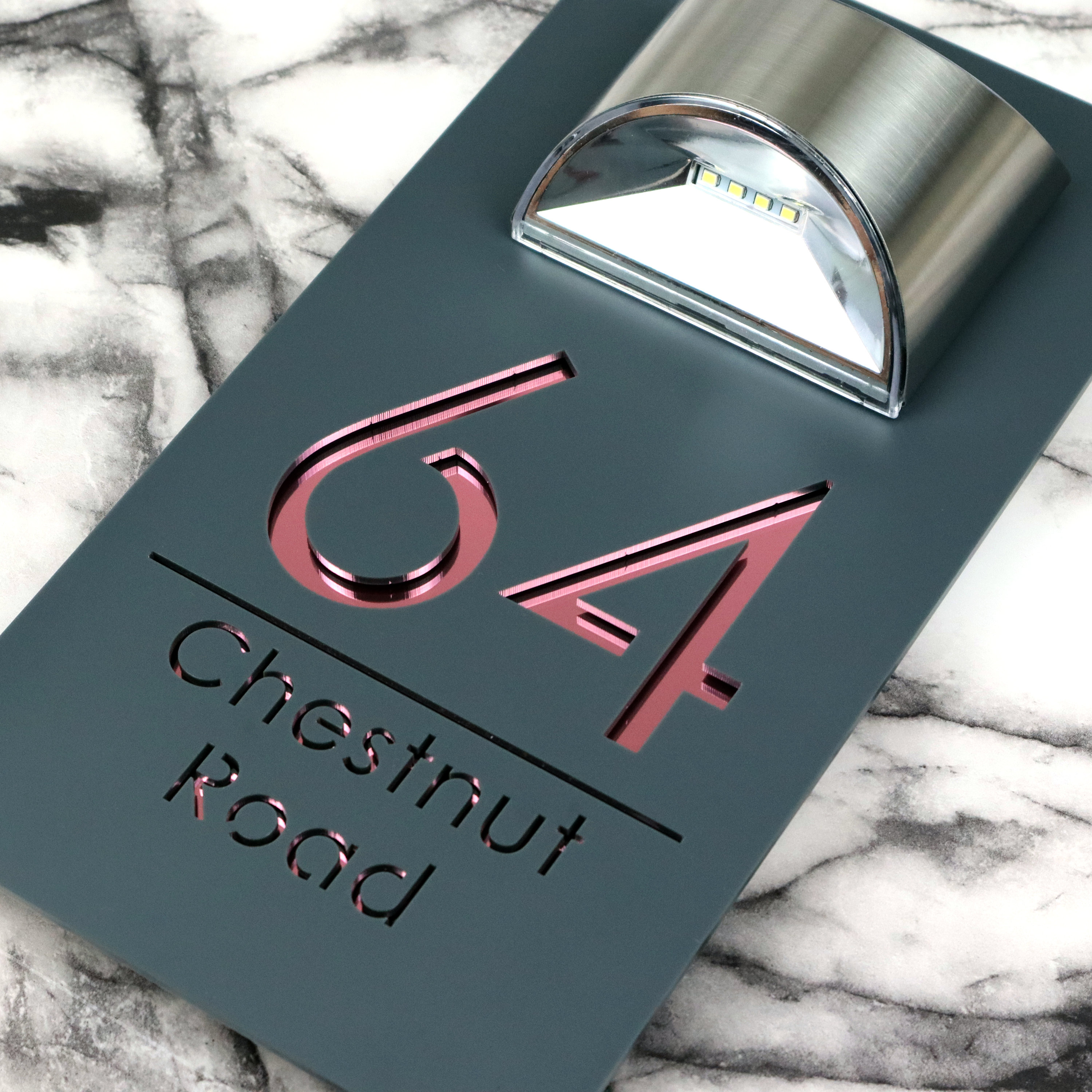 Modern Grey Mirror house sign with solar light laser acrylic Marble Property Number Door Signs Plaque LED Lit Numbers
