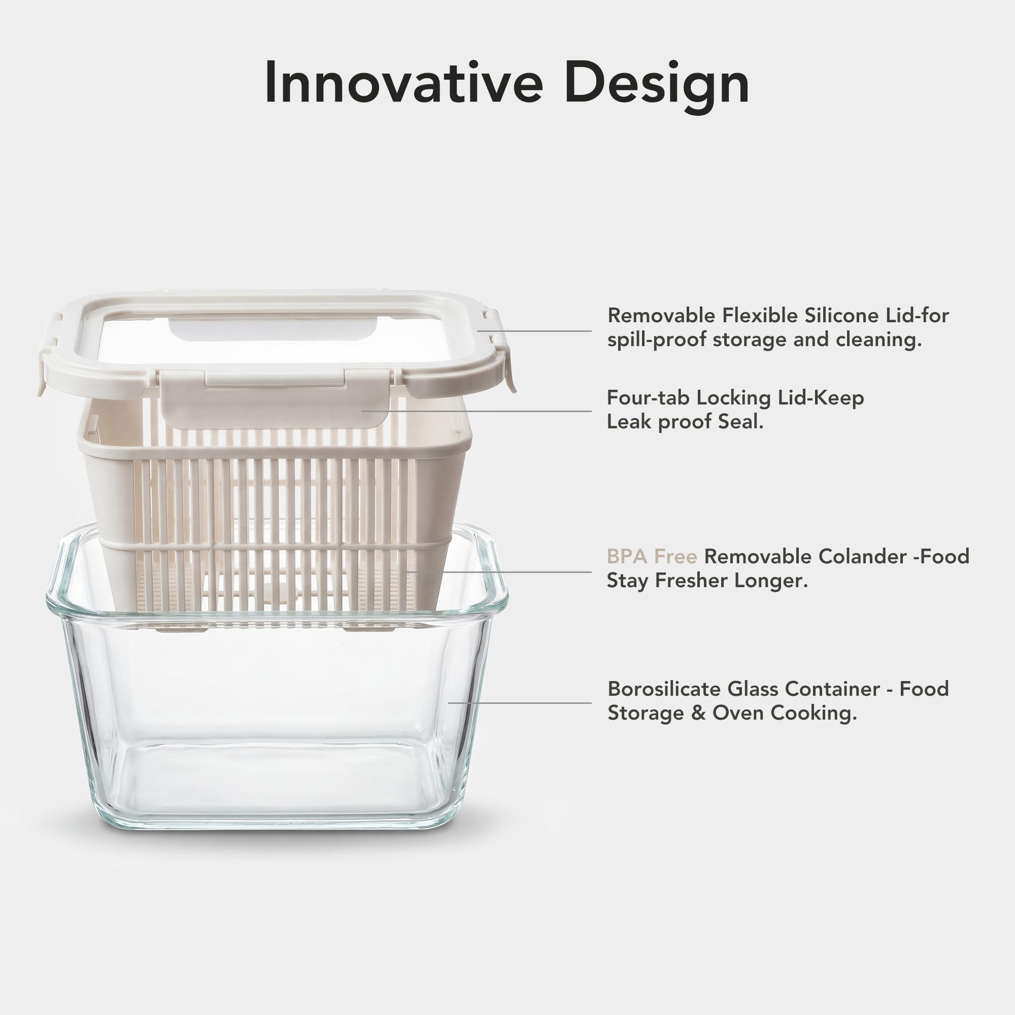  Airtight Fruit & Vegetable Containers with Removable Colanders, Flexible Silicone Lids,LeakProof, BPA-Free Borosilicate Glass