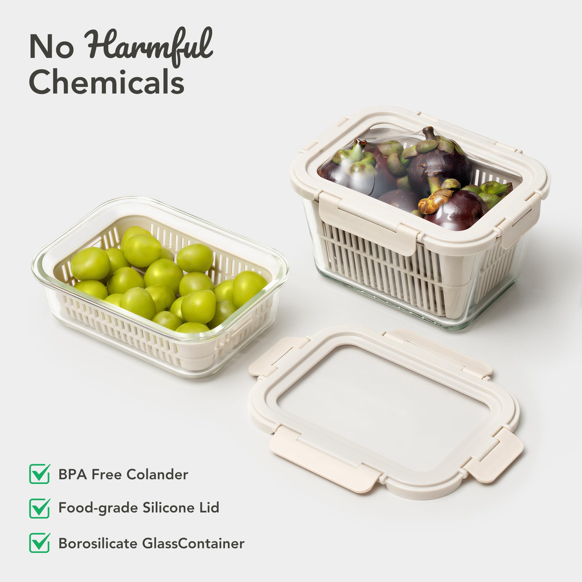  Airtight Fruit & Vegetable Containers with Removable Colanders, Flexible Silicone Lids,LeakProof, BPA-Free Borosilicate Glass