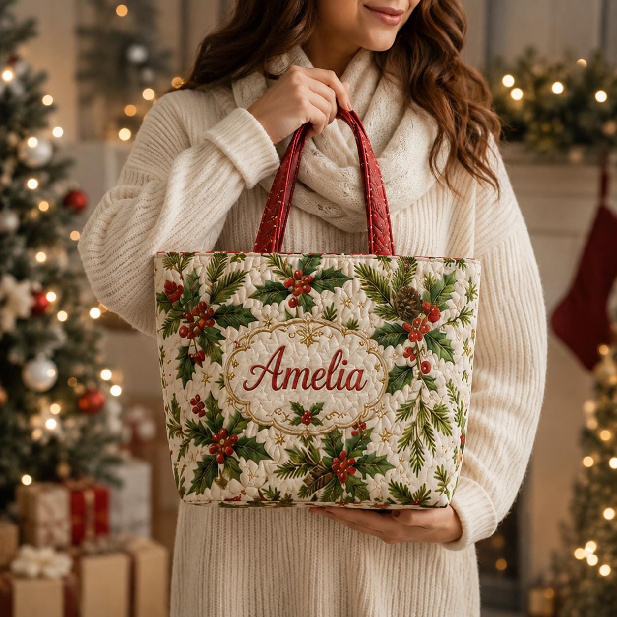 Personalized Designer Quilted Christmas Tote– Embroidered Name