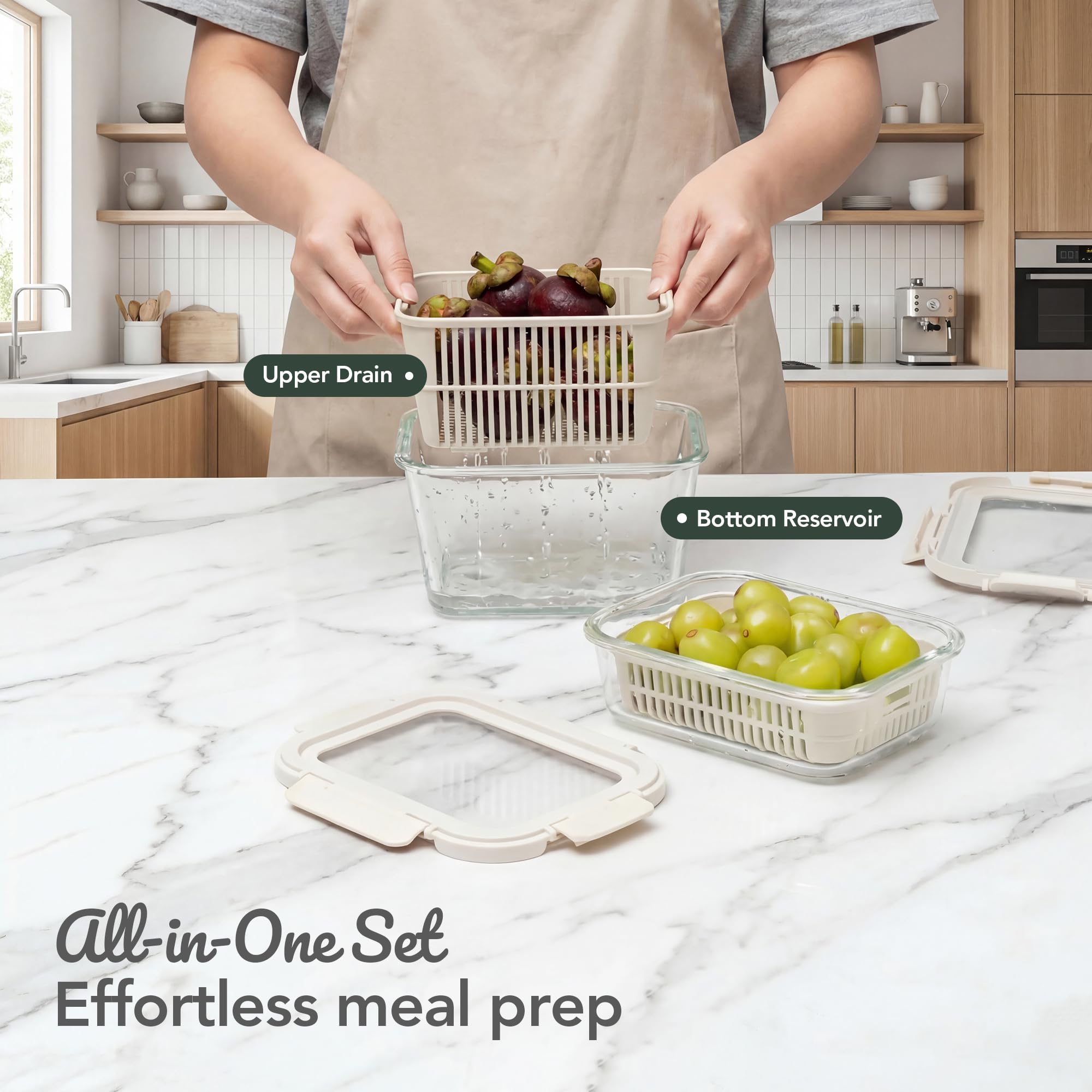  Airtight Fruit & Vegetable Containers with Removable Colanders, Flexible Silicone Lids,LeakProof, BPA-Free Borosilicate Glass