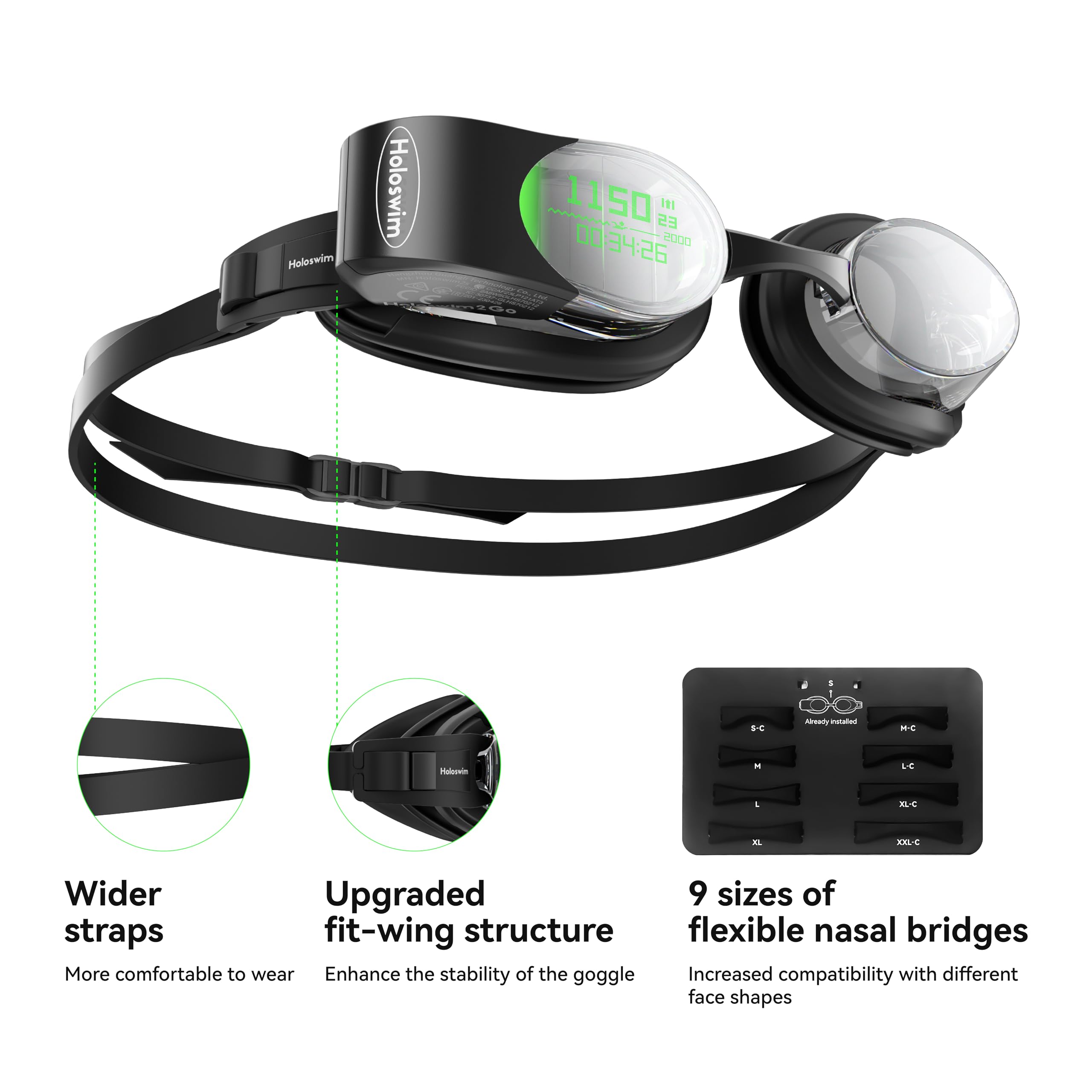 Smart Swim Goggles, 2GO Swimming Goggles, AR Real-time Display, AI Data Analysis
