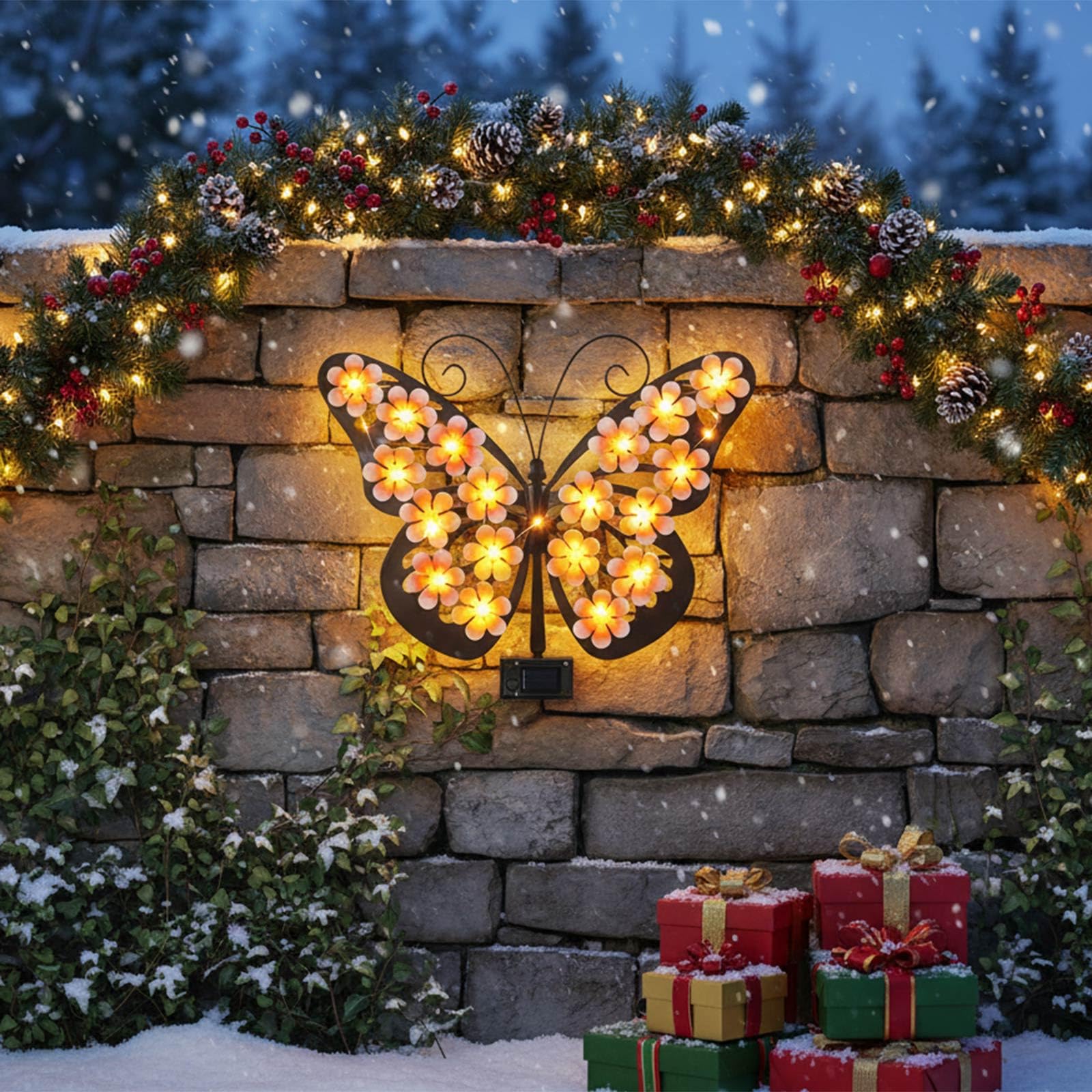 Solar Lights Outdoor Metal Butterfly Wall Decor with 30 Led - 13.5"
