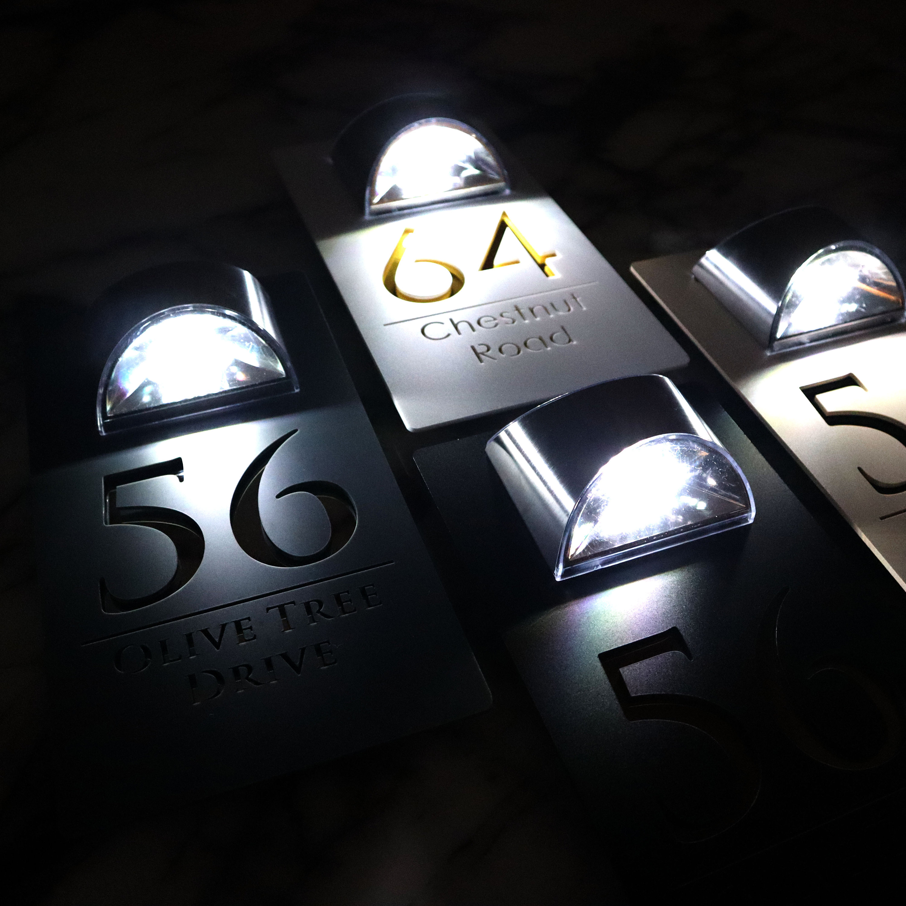 Modern Grey Mirror house sign with solar light laser acrylic Marble Property Number Door Signs Plaque LED Lit Numbers