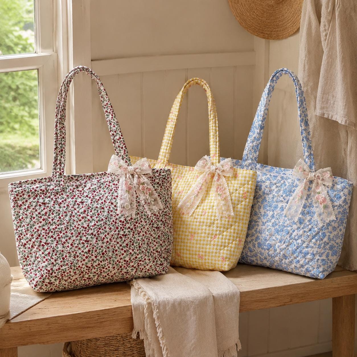 Personalized Quilted Gingham & Floral Tote Bag with Bow-Embroidered Name