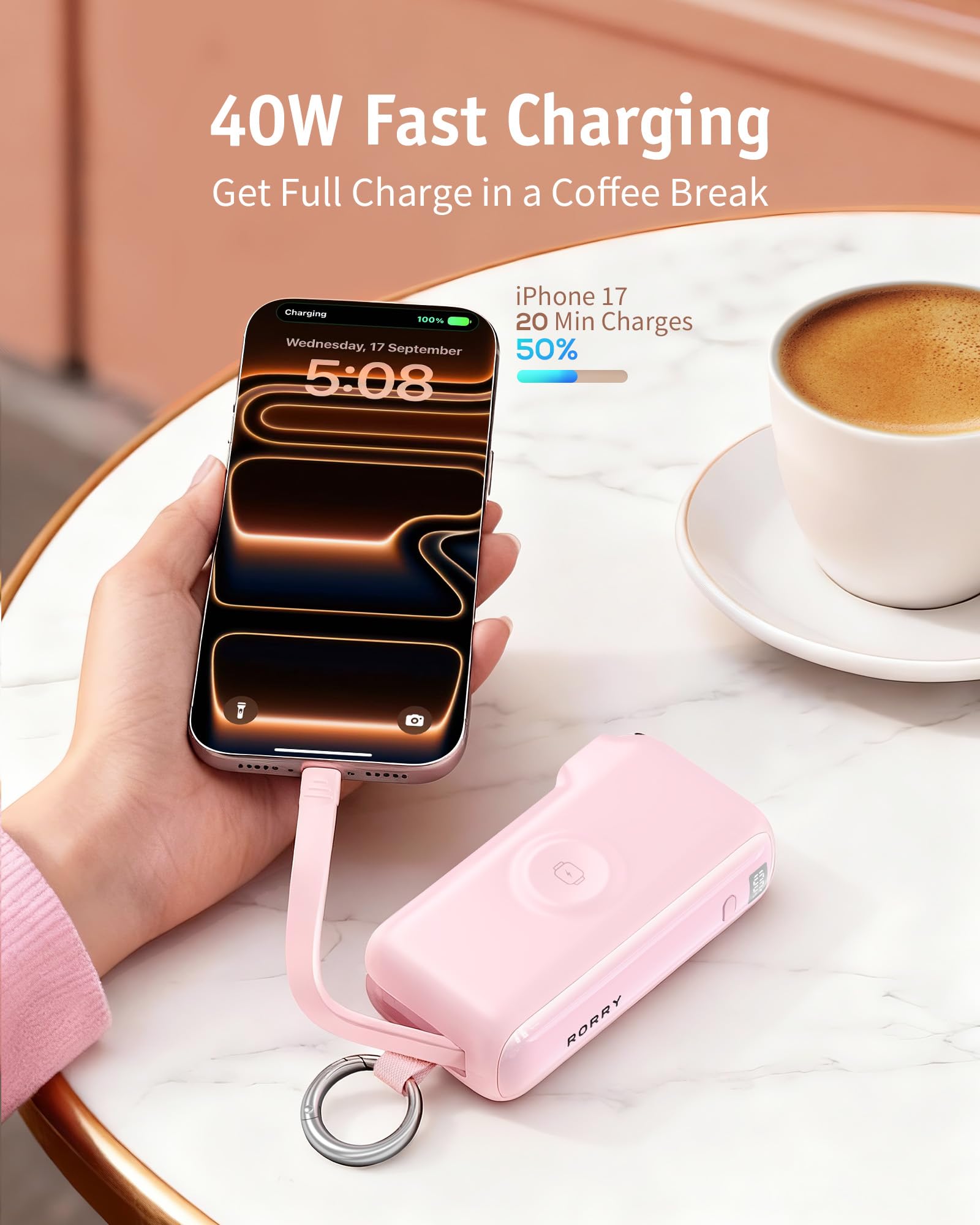 Portable Charger with Built-in USB C Cable and Foldable Wall Plug