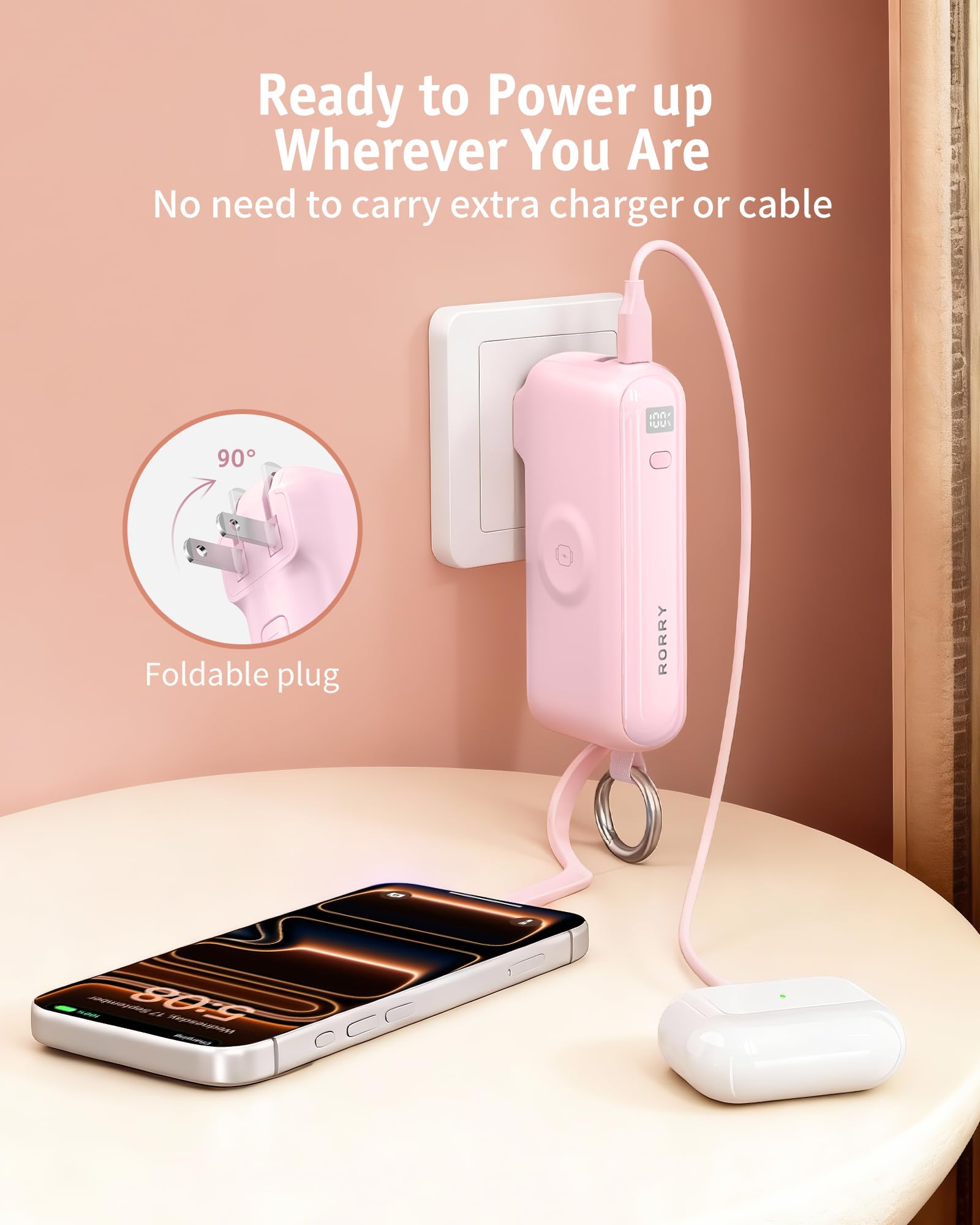 Portable Charger with Built-in USB C Cable and Foldable Wall Plug