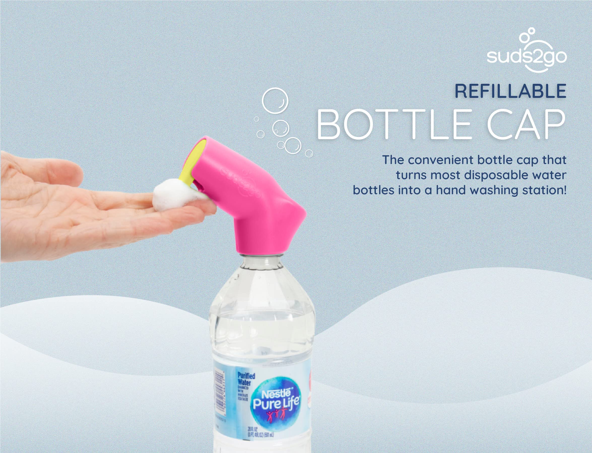 Suds2Go Refillable Caps, 2 Pack - Universal Fit Turns Most Disposable Water Bottles Into A Hand Washing Station - Includes Refillable Soap Reservoir - Conveniently Sized to Take on The Go
