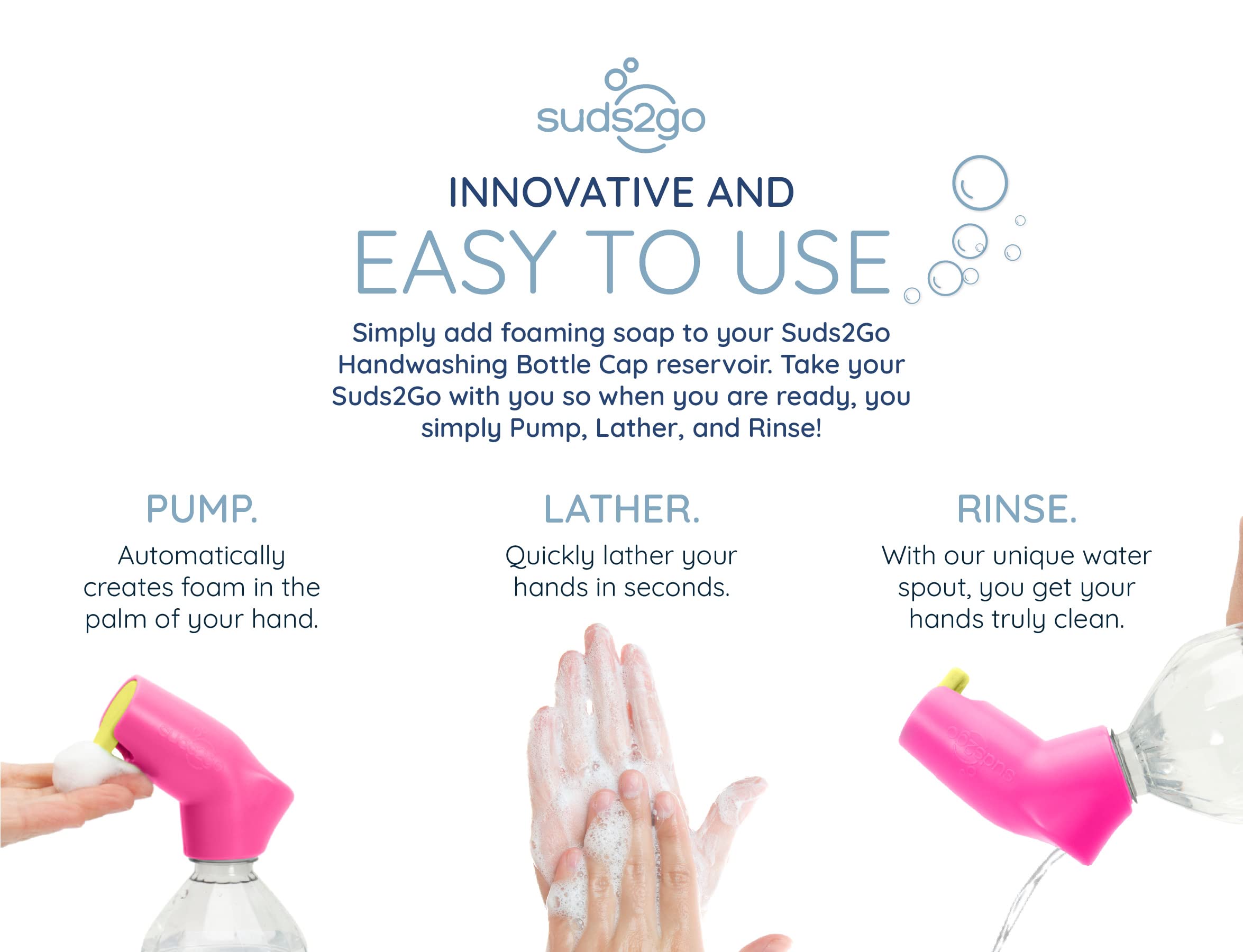 Suds2Go Refillable Caps, 2 Pack - Universal Fit Turns Most Disposable Water Bottles Into A Hand Washing Station - Includes Refillable Soap Reservoir - Conveniently Sized to Take on The Go