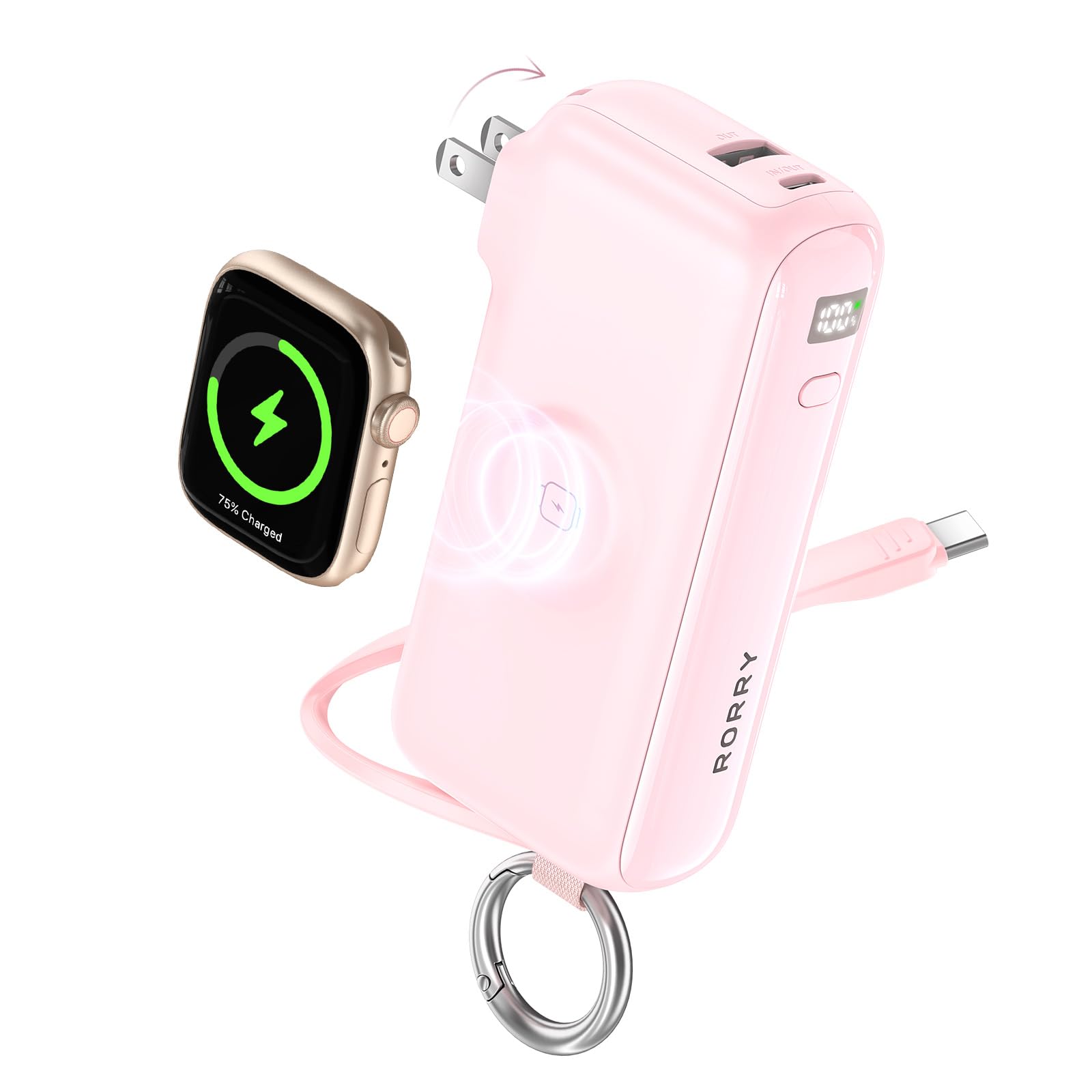 Portable Charger with Built-in USB C Cable and Foldable Wall Plug