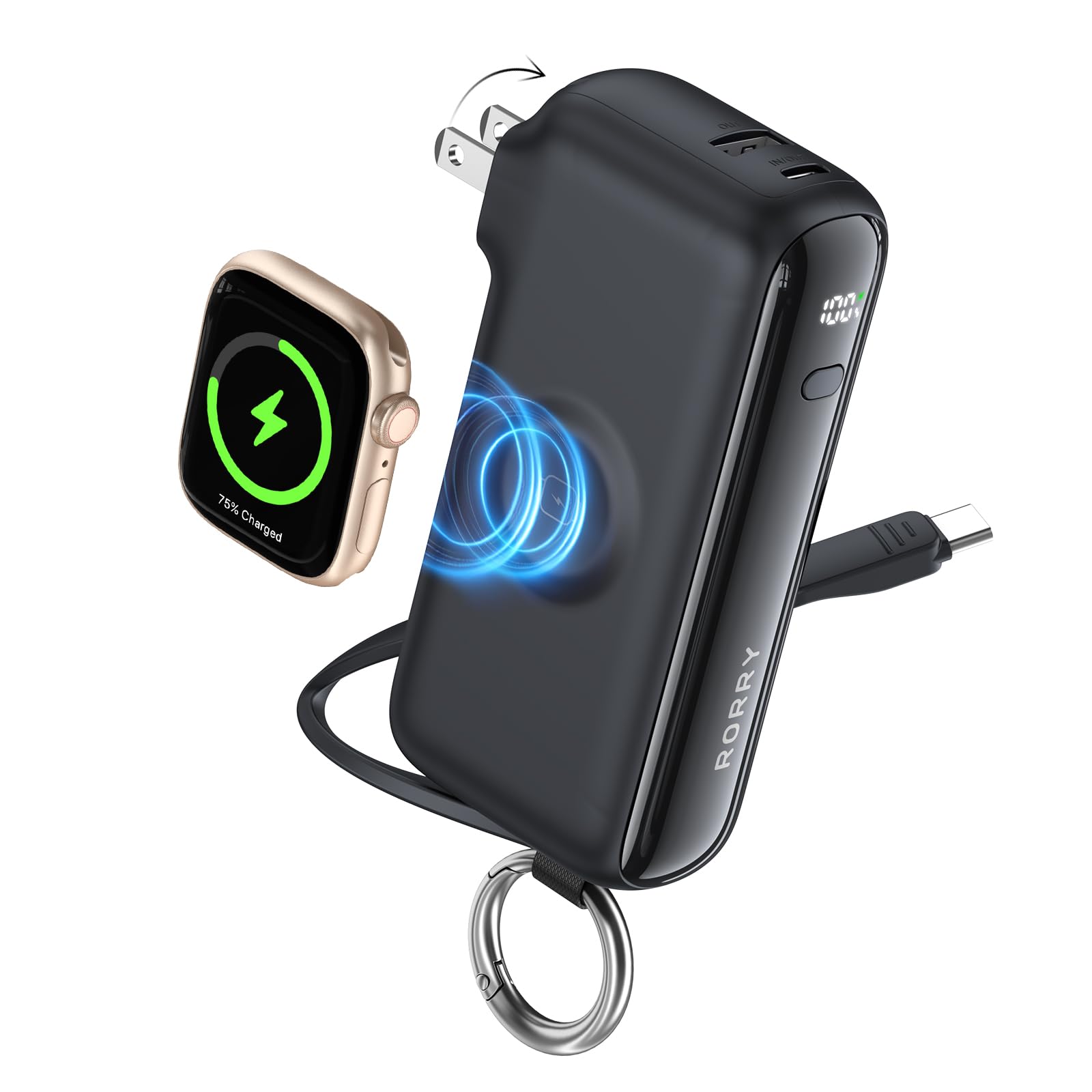 Portable Charger with Built-in USB C Cable and Foldable Wall Plug