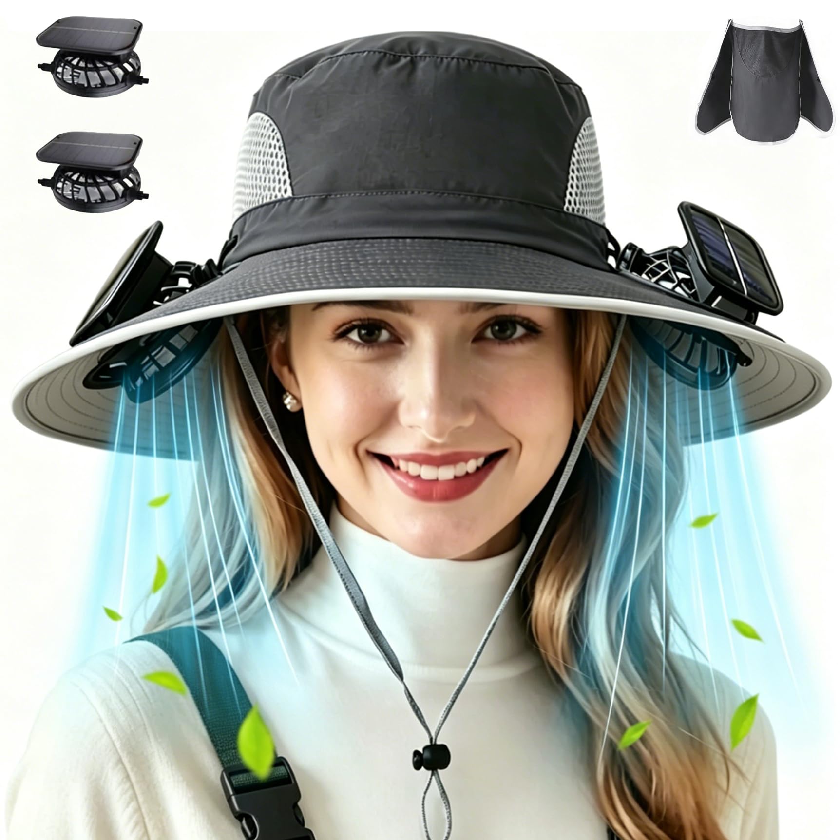 Solar Powered Hat Fan, 3-in-1 Detachable Neck Fan Hat