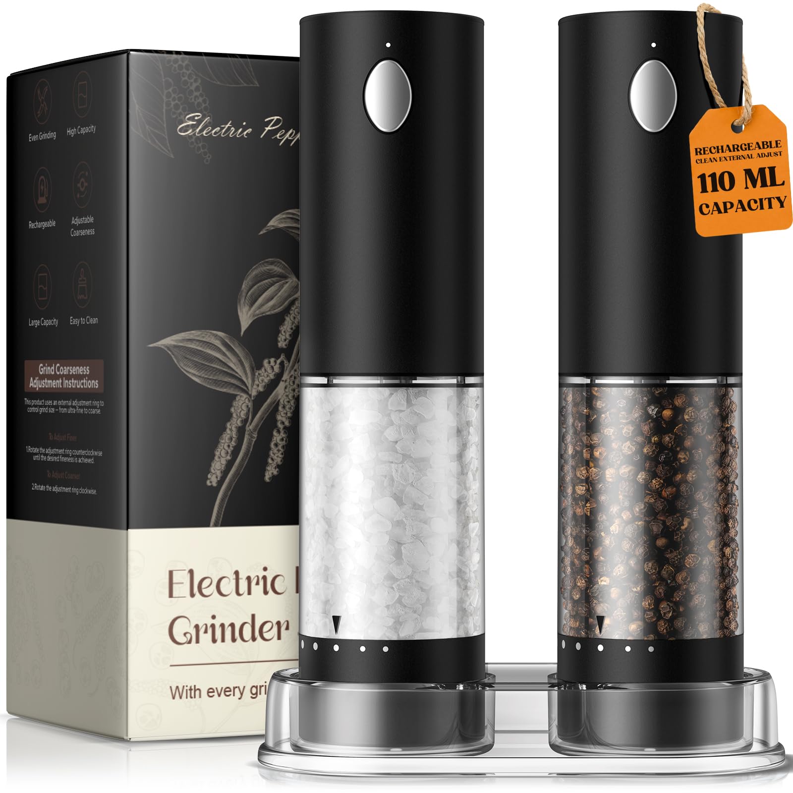 Rechargeable Electric Salt and Pepper Grinder Set Large Capacity Pepper Mill with LED