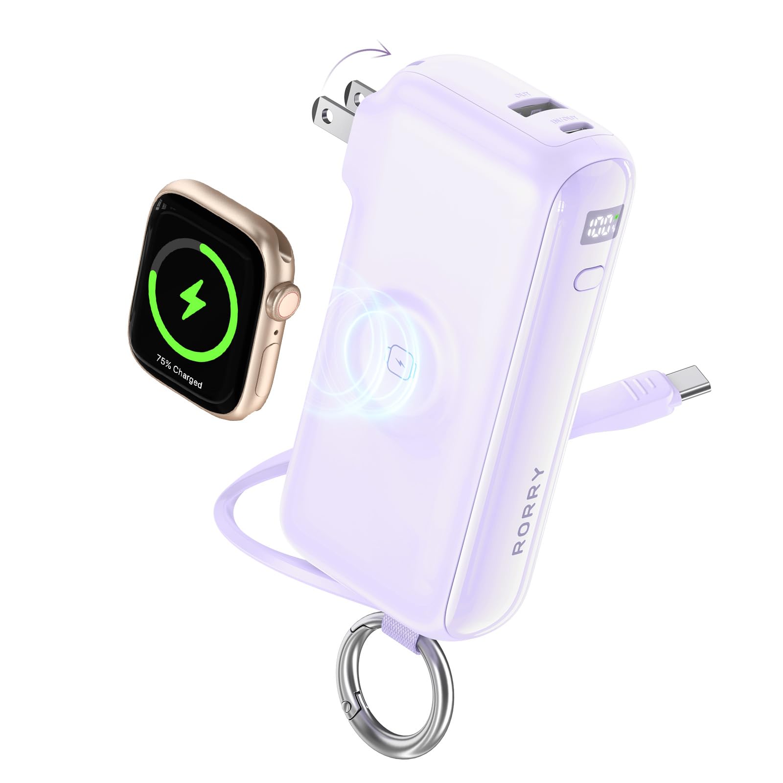 Portable Charger with Built-in USB C Cable and Foldable Wall Plug