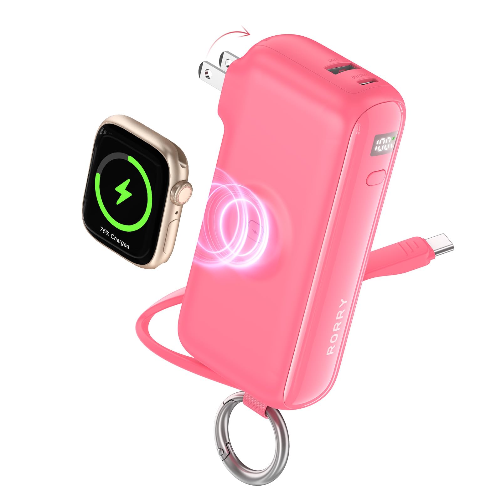 Portable Charger with Built-in USB C Cable and Foldable Wall Plug