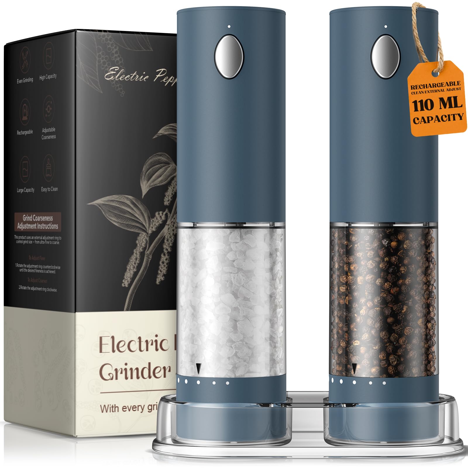 Rechargeable Electric Salt and Pepper Grinder Set Large Capacity Pepper Mill with LED