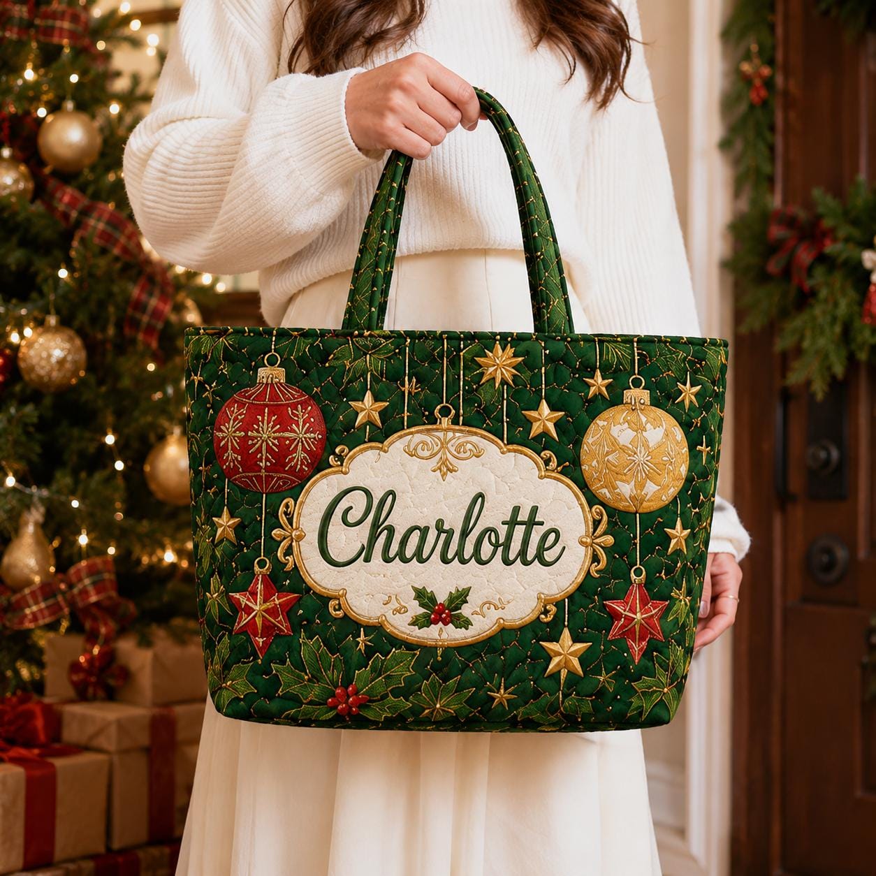 Personalized Designer Quilted Christmas Tote– Embroidered Name