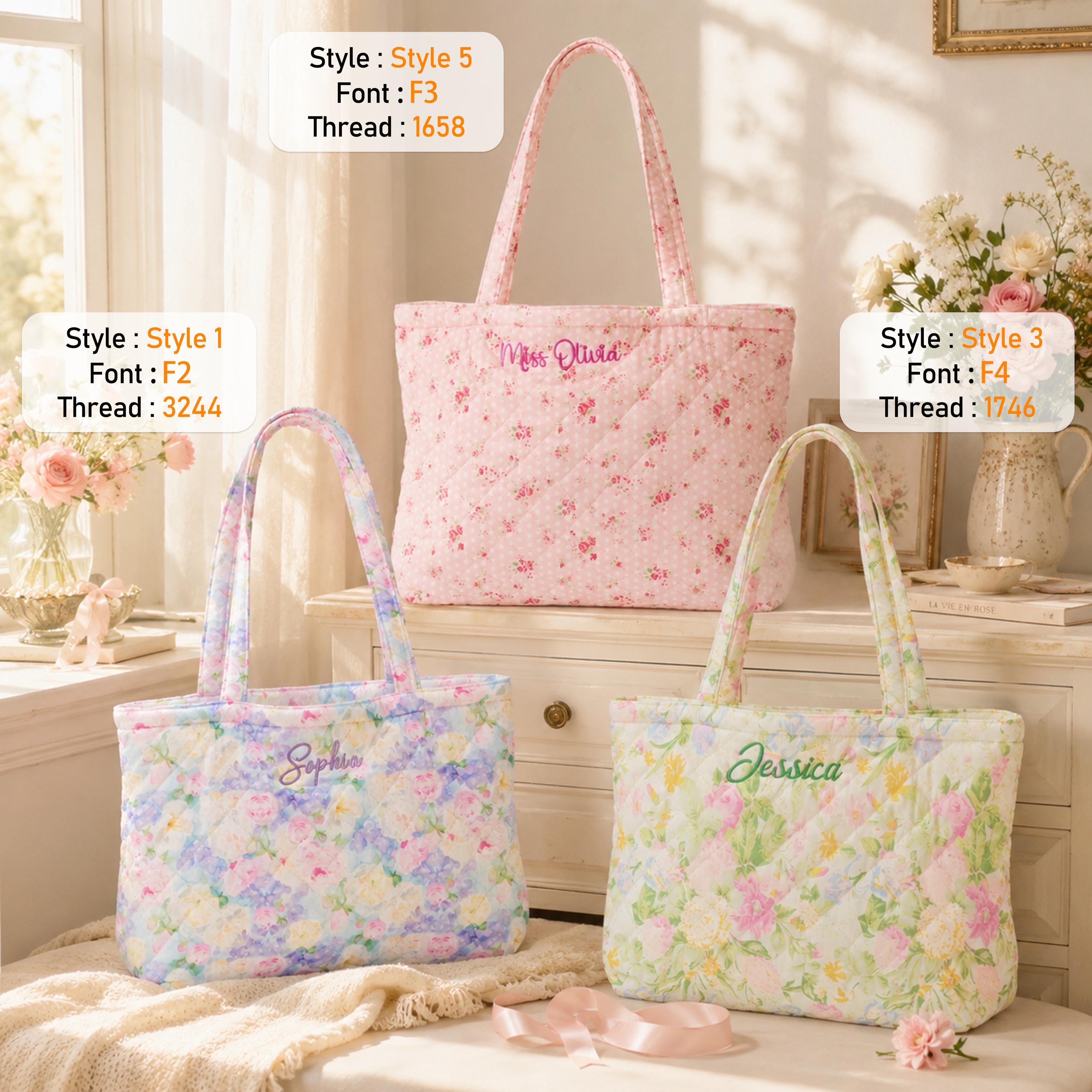 Personalized "Dream Garden" Series Quilted Tote Bag – Embroidered Name
