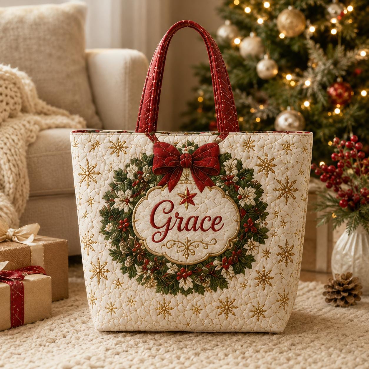 Personalized Designer Quilted Christmas Tote– Embroidered Name