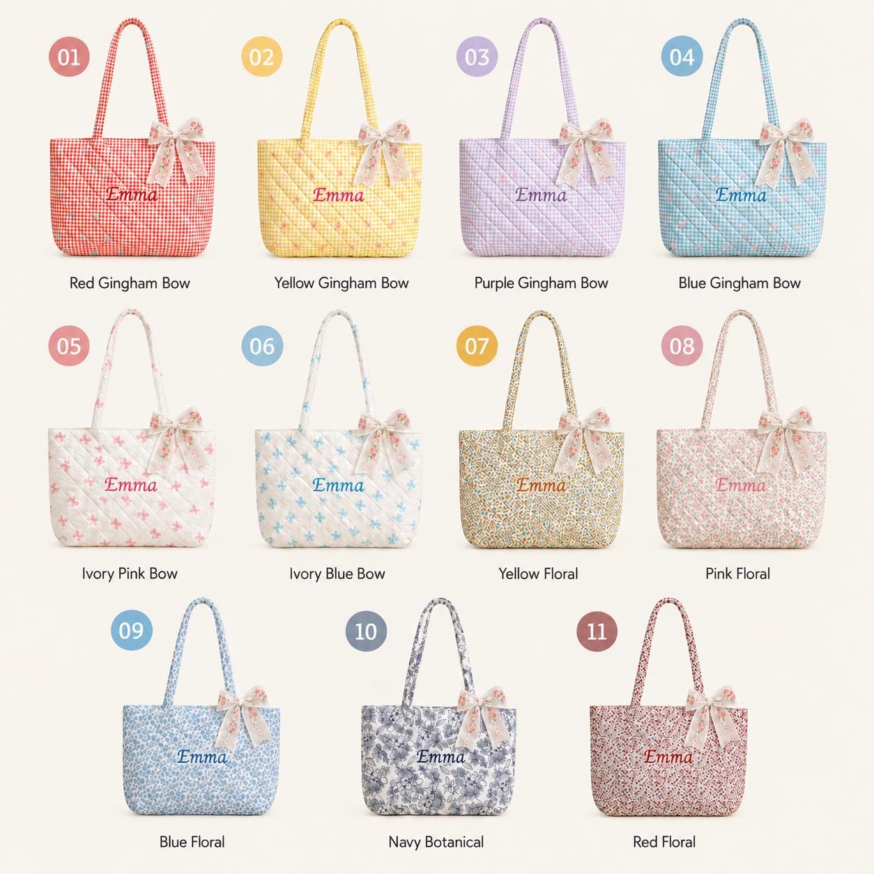 Personalized Quilted Gingham & Floral Tote Bag with Bow-Embroidered Name