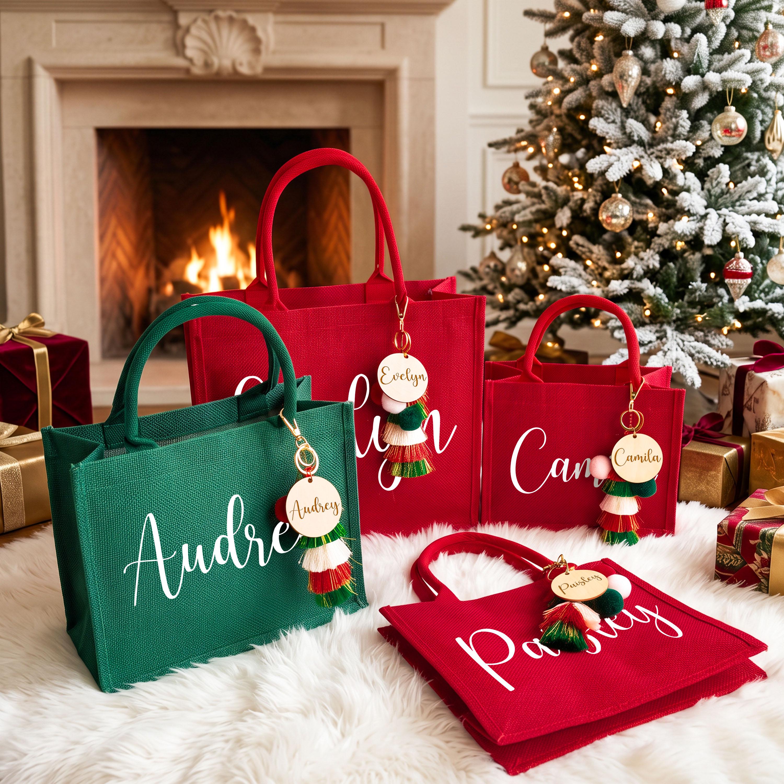 Personalized Christmas Burlap Tote Bag& Charm-Printed Name