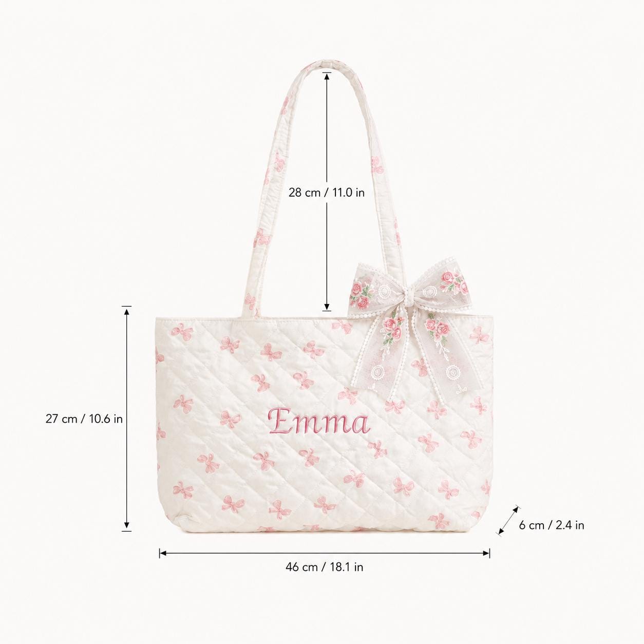 Personalized Quilted Gingham & Floral Tote Bag with Bow-Embroidered Name