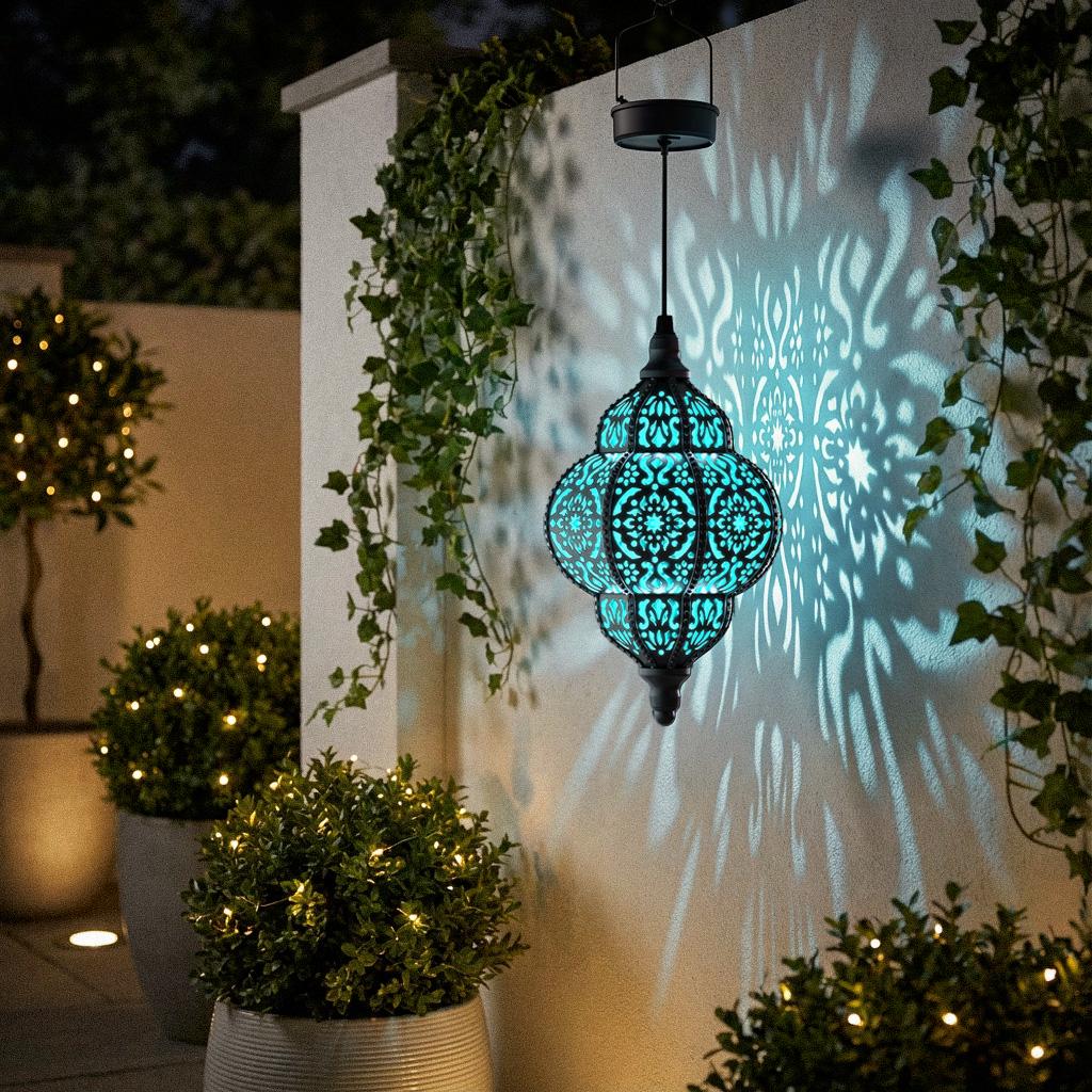 Hanging Solar Lantern for Outdoor Garden Decoration, Moroccan Style Blue Waterproof Plastic Solar Light