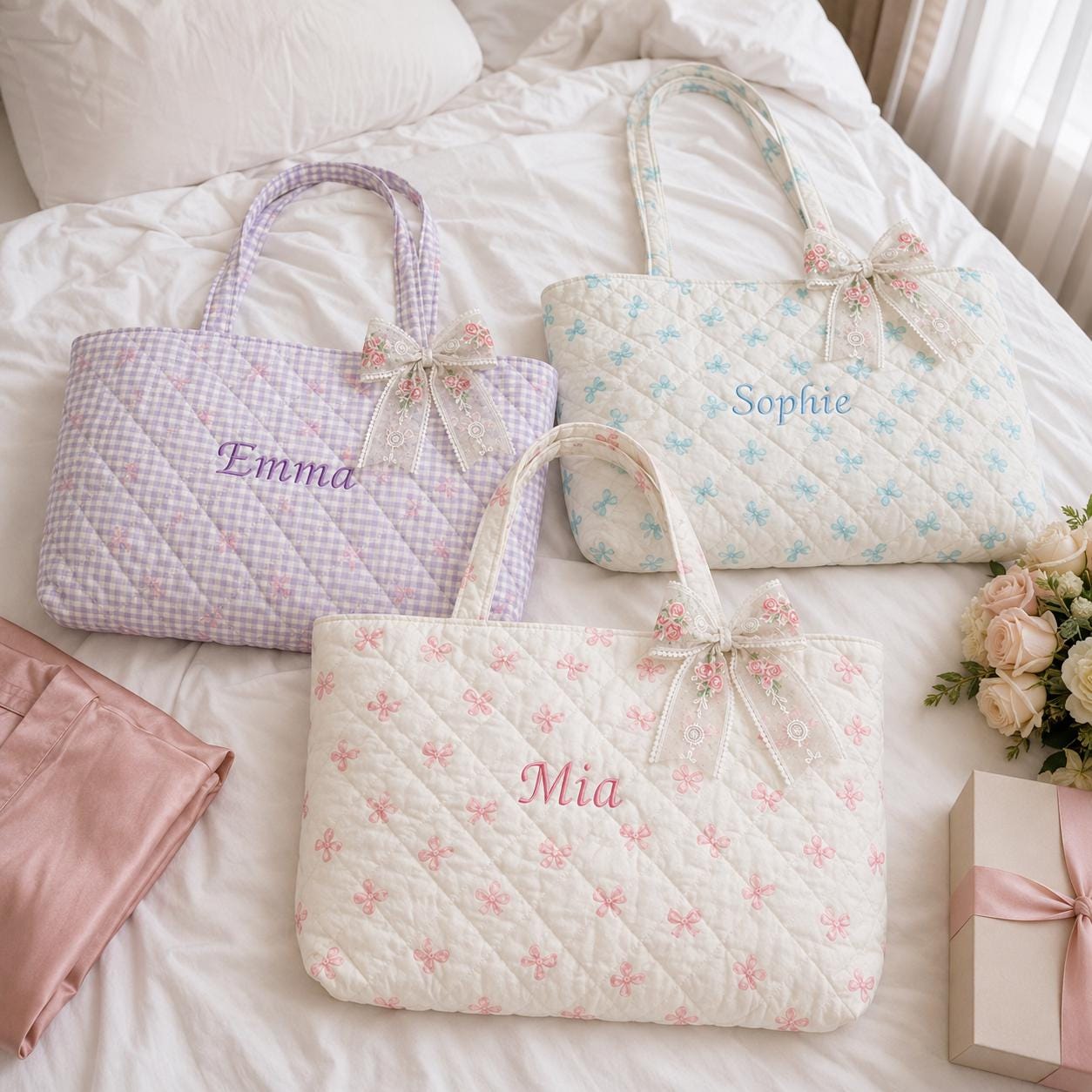 Personalized Quilted Gingham & Floral Tote Bag with Bow-Embroidered Name
