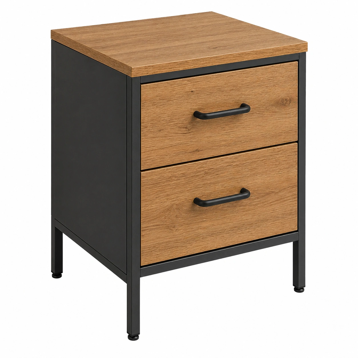 Mesita de noche industrial de 2 cajones con estructura metálica negra y acabado madera-ordervoro