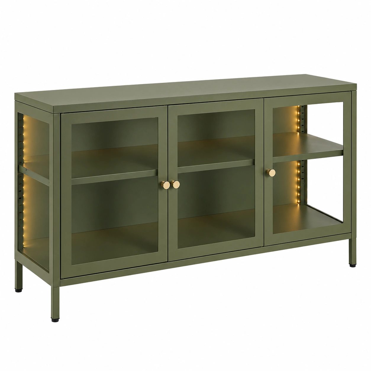 Aparador vitrina metálico moderno verde oliva con iluminación LED 3 puertas 115 cm-ordervoro
