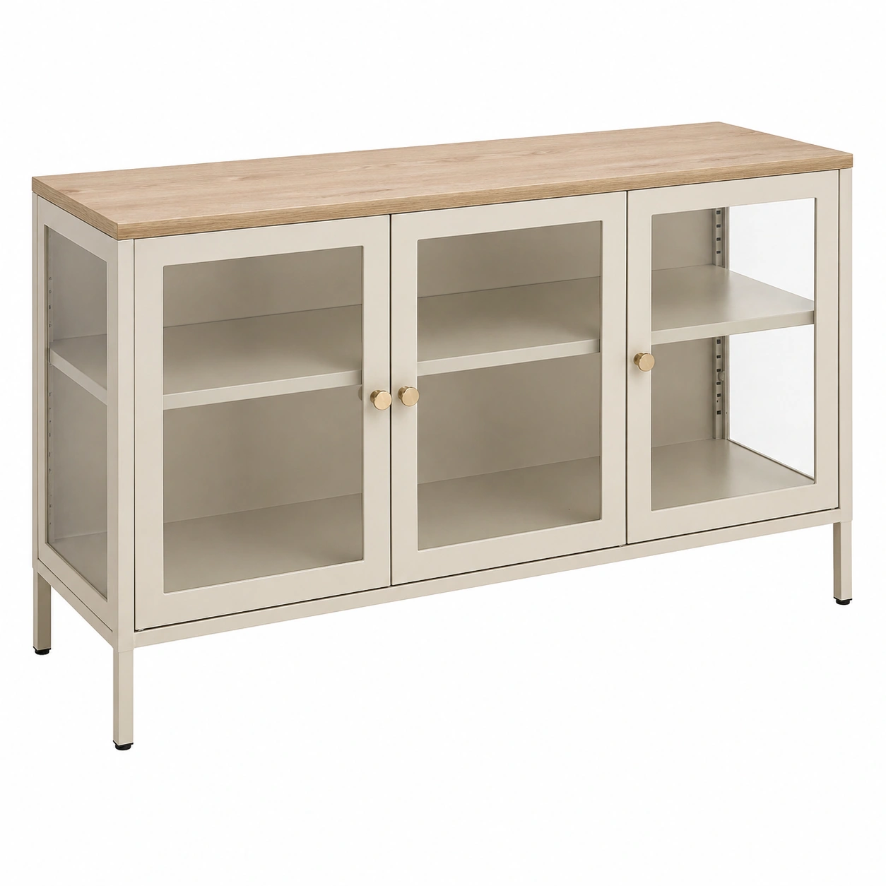 Aparador Vitrina Metálico con Puertas de Cristal y Encimera Efecto Madera en Beige Claro-ordervoro