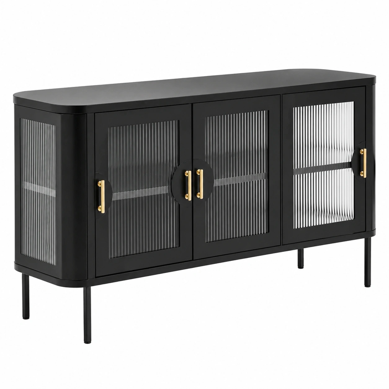 Aparador moderno de 3 puertas con vidrio acanalado y estructura metálica negra-ordervoro