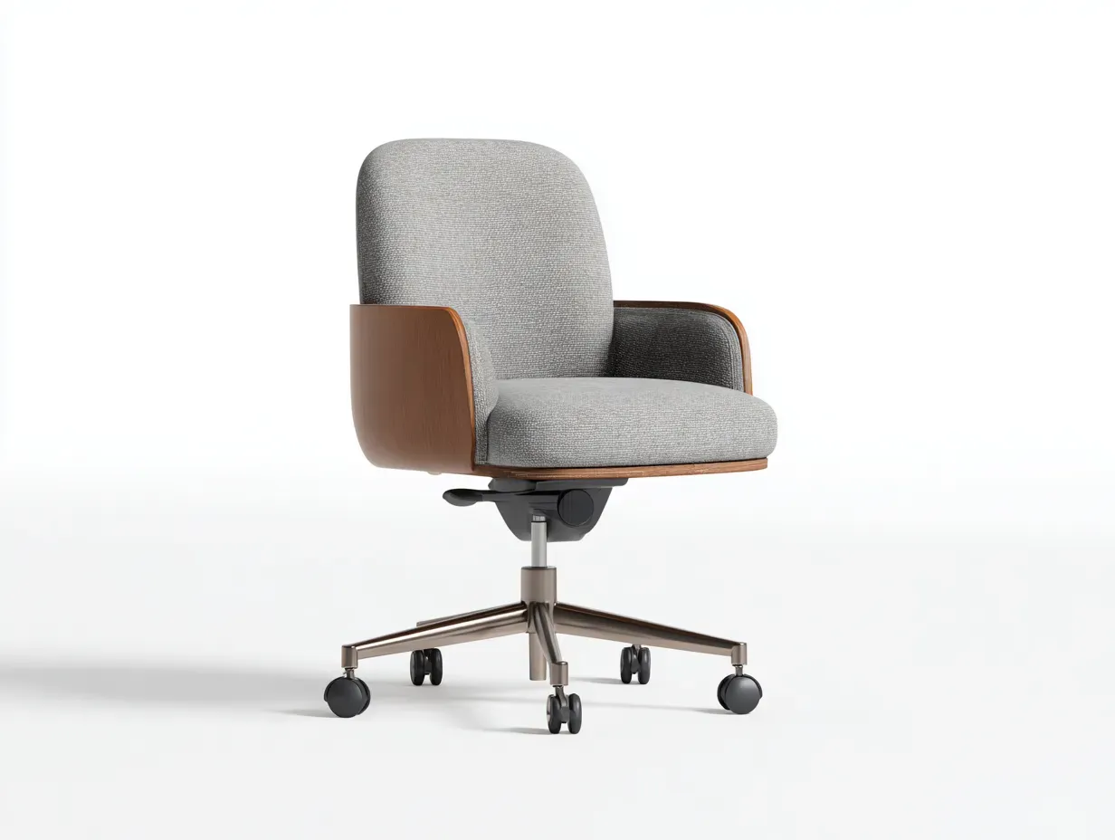 Silla de oficina tapizada con acabado madera 65 x 67 x 92 cm - gris claro y nogal - giratoria con ruedas - diseño elegante para despacho y estudio-Noriiahaus