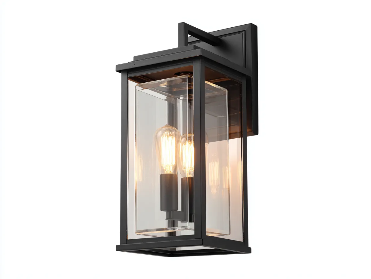 Aplique de pared para jardín de metal y vidrio claro 18x16x38 cm - negro - diseño recto con doble portalámparas-Noriiahaus