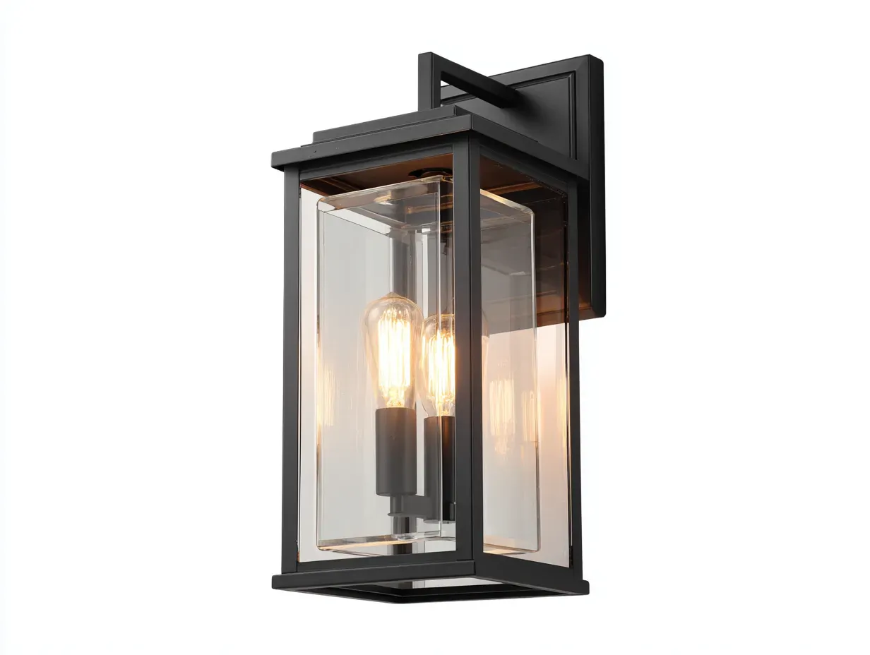 Aplique de pared para jardín de metal y vidrio claro 18x16x38 cm - negro - diseño recto con doble portalámparas-Noriiahaus