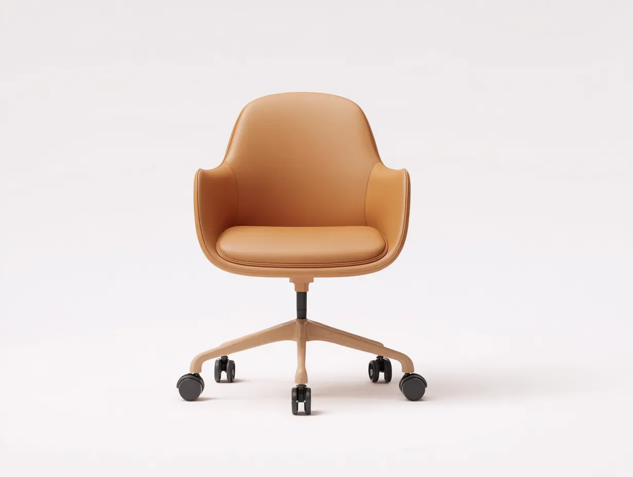 Silla de oficina tapizada con base efecto madera 64 x 66 x 90 cm - camel y natural - giratoria con ruedas - diseño envolvente para despacho y estudio-Noriiahaus