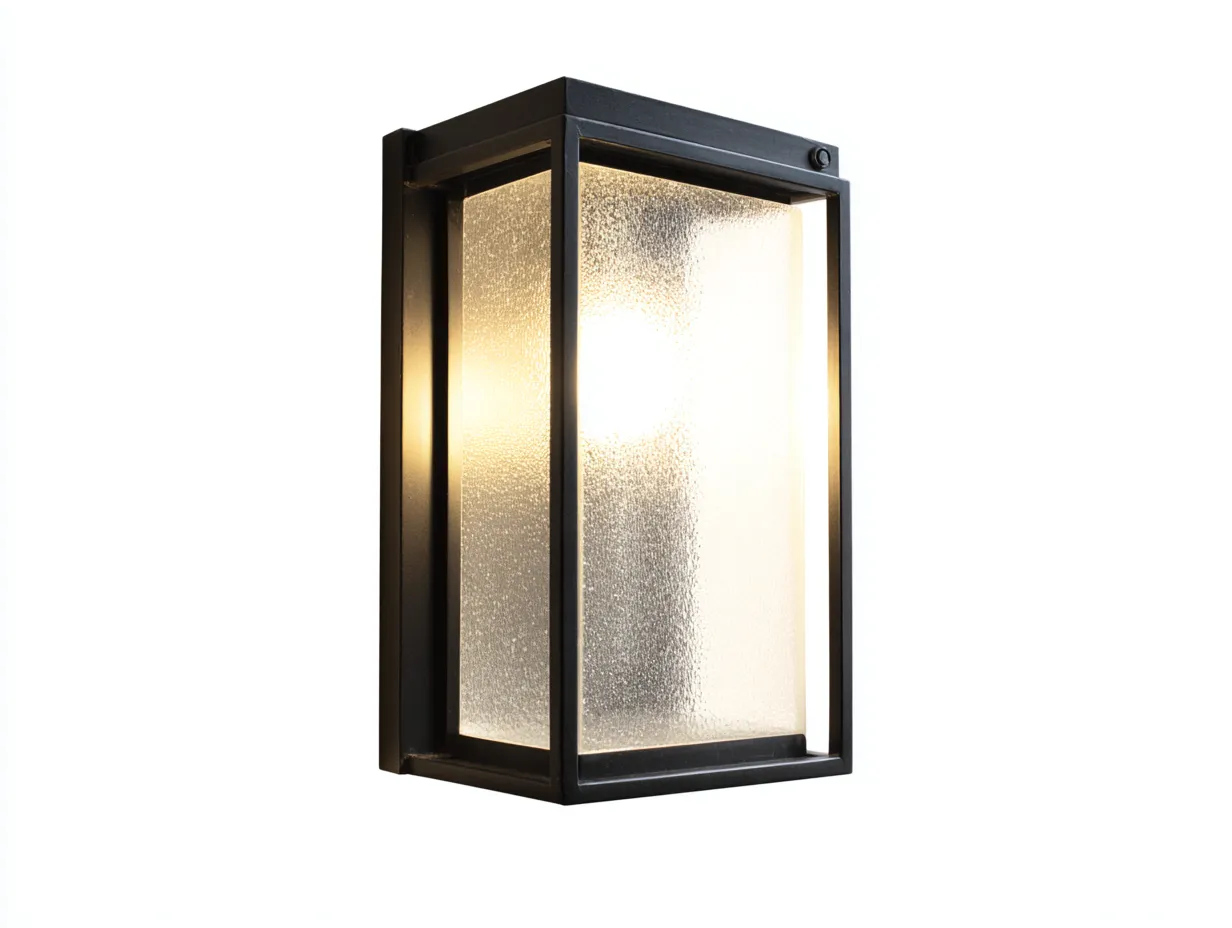 Aplique de pared exterior de metal y vidrio texturizado 18x14x30 cm - negro y transparente - diseño moderno con luz difusa-Noriiahaus