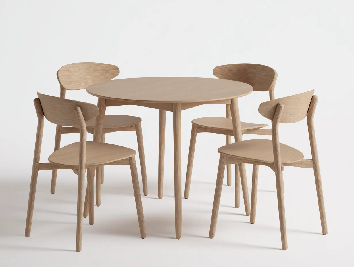 Conjunto de comedor redondo con 4 sillas de madera clara - mesa 120x120x75 cm - roble claro - para cocina y comedor - estilo escandinavo-Noriiahaus
