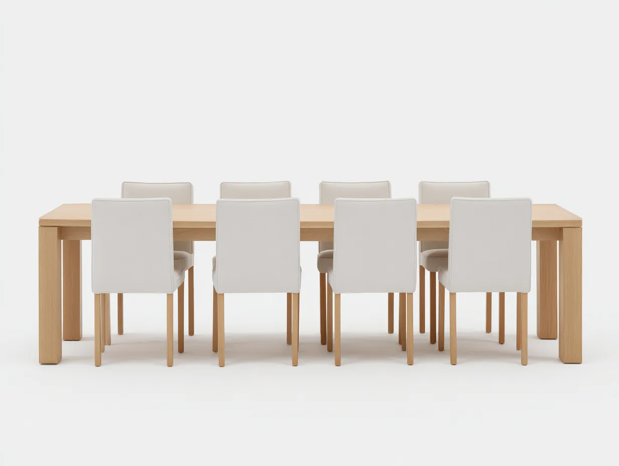 Conjunto de comedor con mesa rectangular y 8 sillas tapizadas - mesa 180x90x75 cm - roble claro y beige crema - para comedor - estilo actual-Noriiahaus