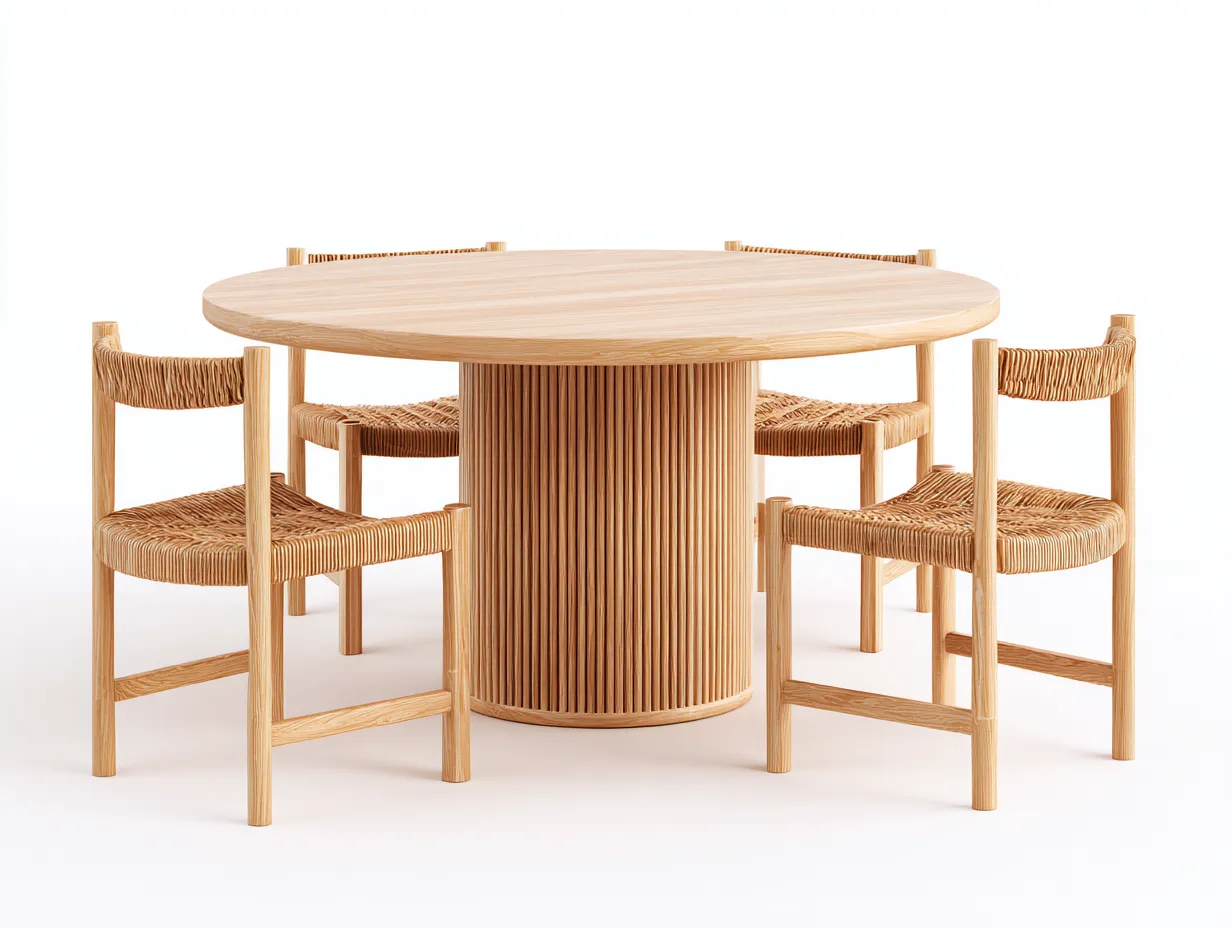 Conjunto de mesa de comedor redonda con 4 sillas de madera y fibra natural - mesa 130x130x76 cm - madera natural y miel - para comedor - estilo orgánico mediterráneo-Noriiahaus