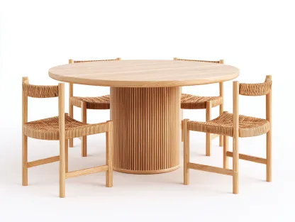 Conjunto de mesa de comedor redonda con 4 sillas de madera y fibra natural - mesa 130x130x76 cm - madera natural y miel - para comedor - estilo orgánico mediterráneo-Noriiahaus
