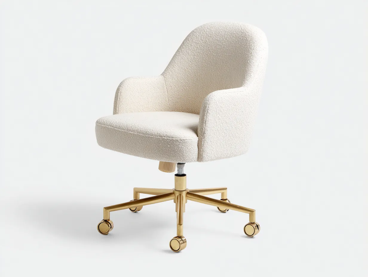 Silla de oficina bouclé 64 x 67 x 88 cm - marfil y dorado - giratoria con ruedas - diseño elegante para despacho y tocador-Noriiahaus