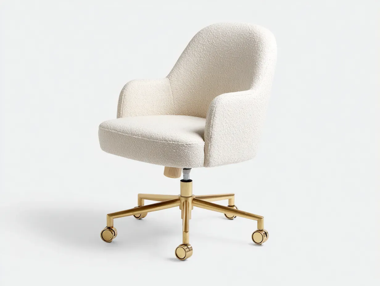 Silla de oficina bouclé 64 x 67 x 88 cm - marfil y dorado - giratoria con ruedas - diseño elegante para despacho y tocador-Noriiahaus