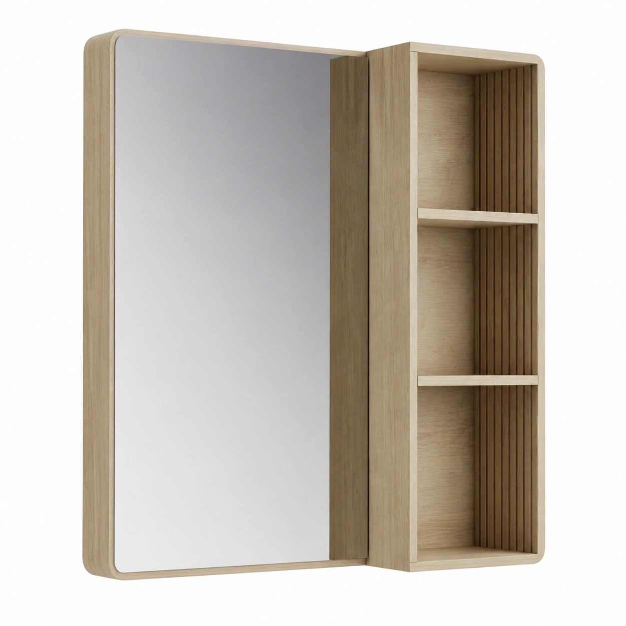 Armario de bano con espejo LED de pared diseno moderno en madera natural con estanterías-loftvia